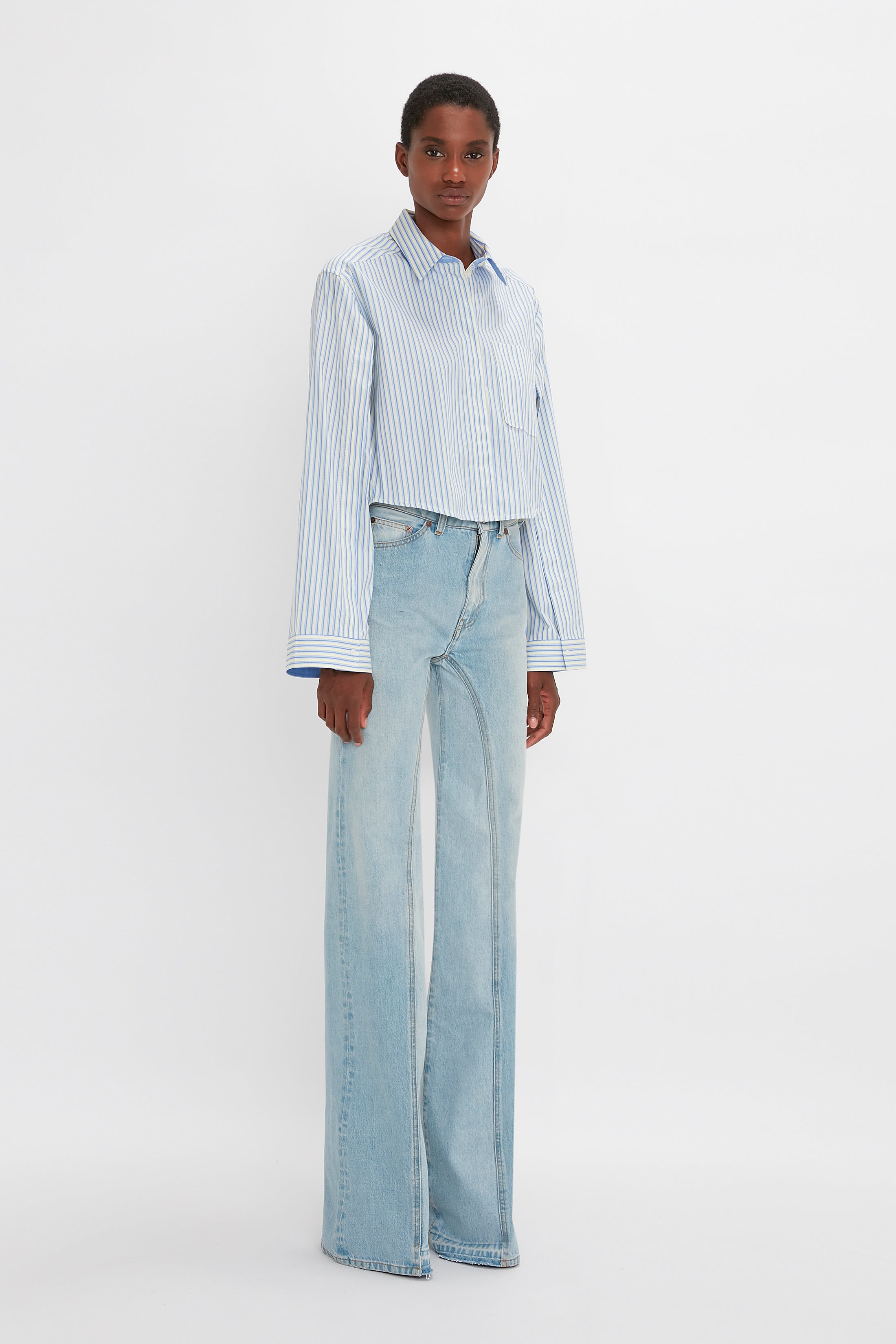 Button Detail Cropped Shirt In Chamomile Blue Stripe - 4