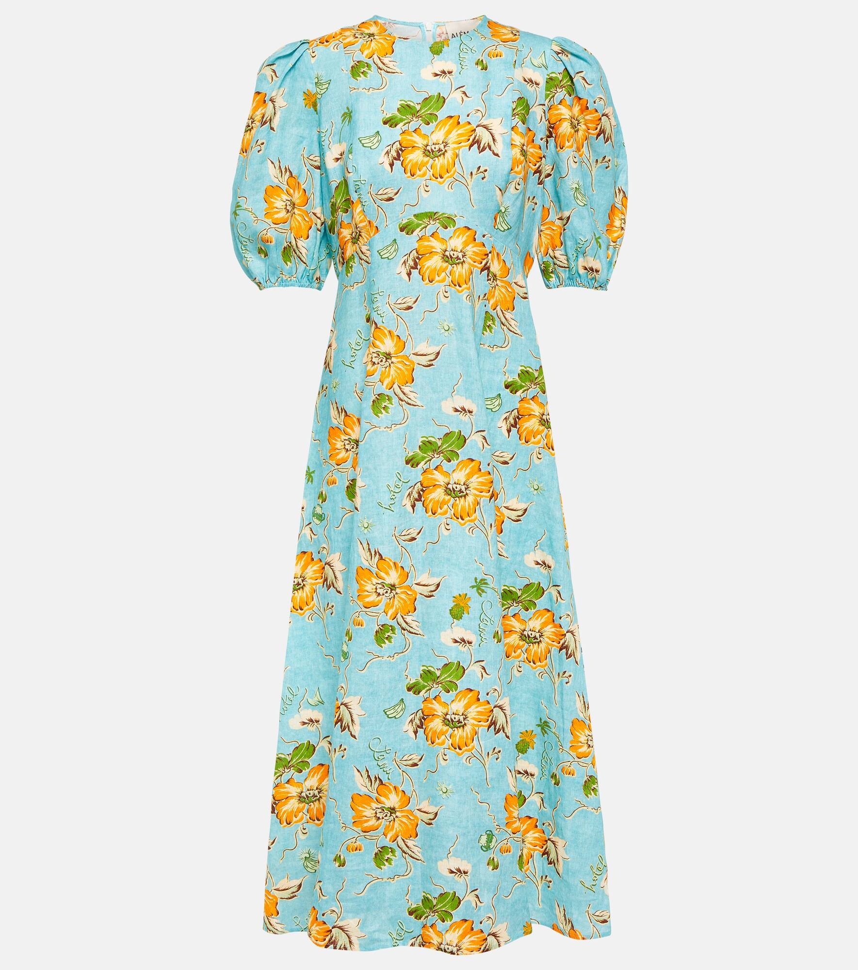 Floral puff-sleeve linen midi dress - 1