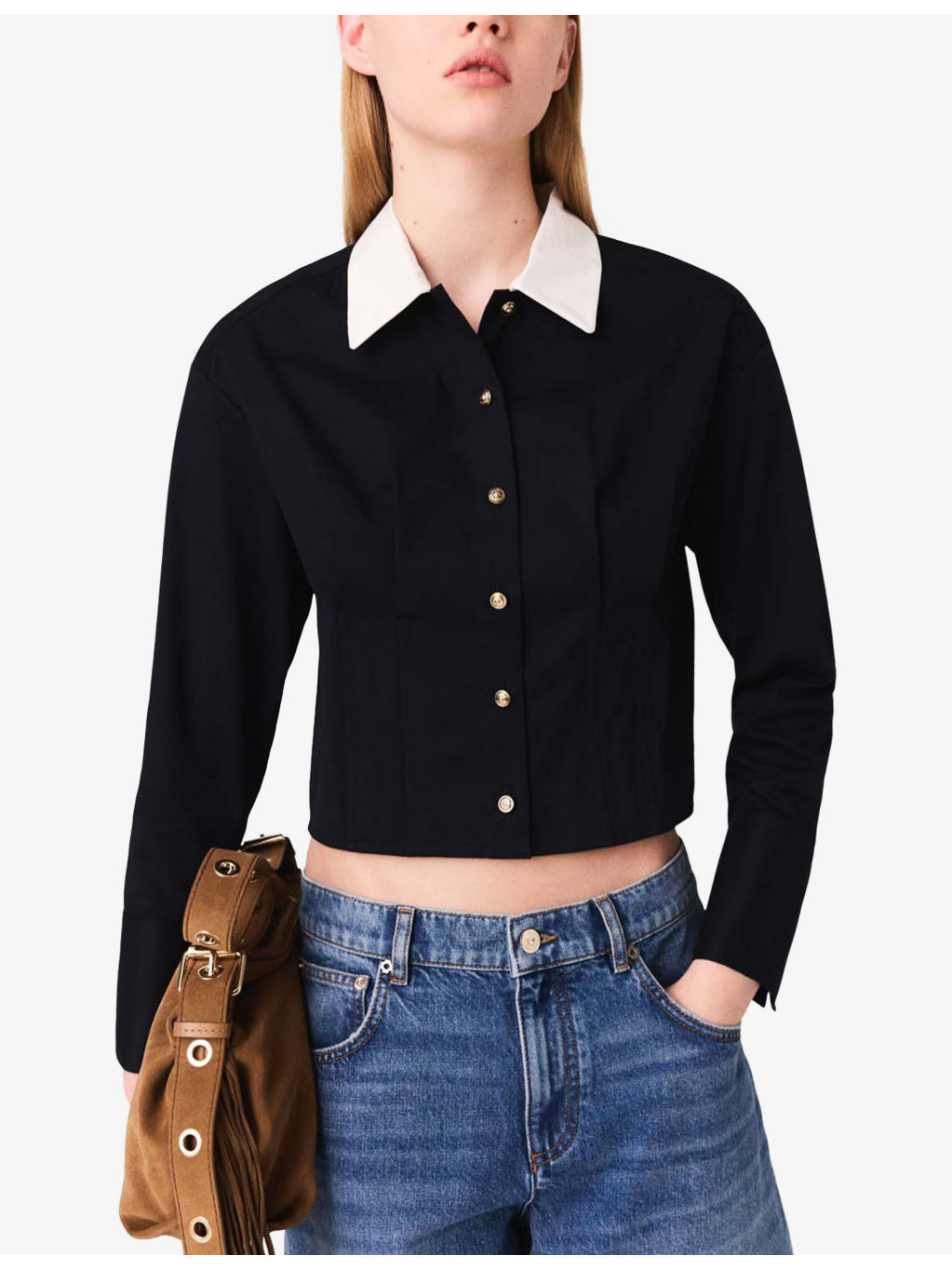 Contrast-Collar Cropped Stretch-Cotton Poplin Shirt - 3