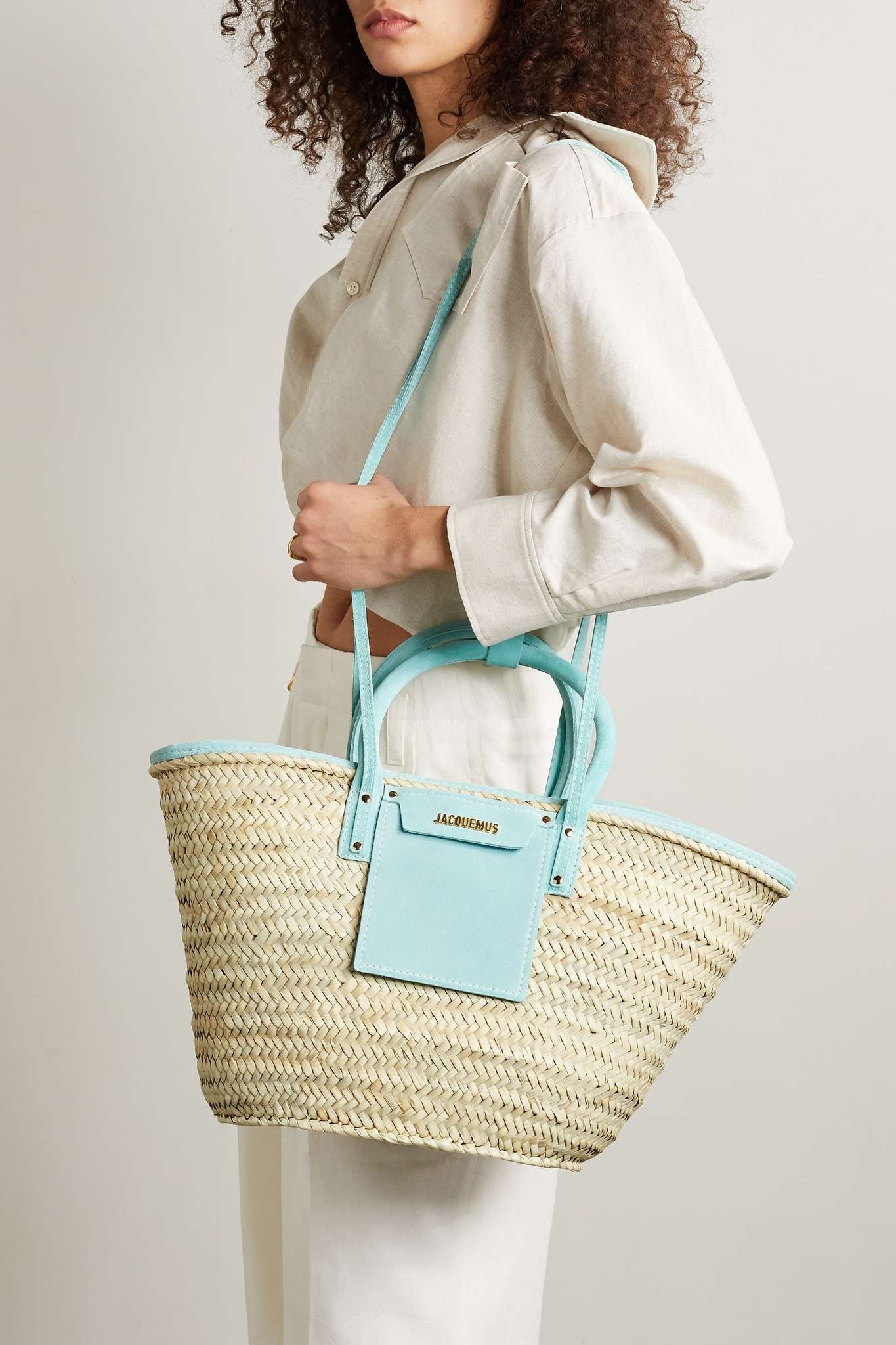 Soleil large nubuck-trimmed straw tote 6