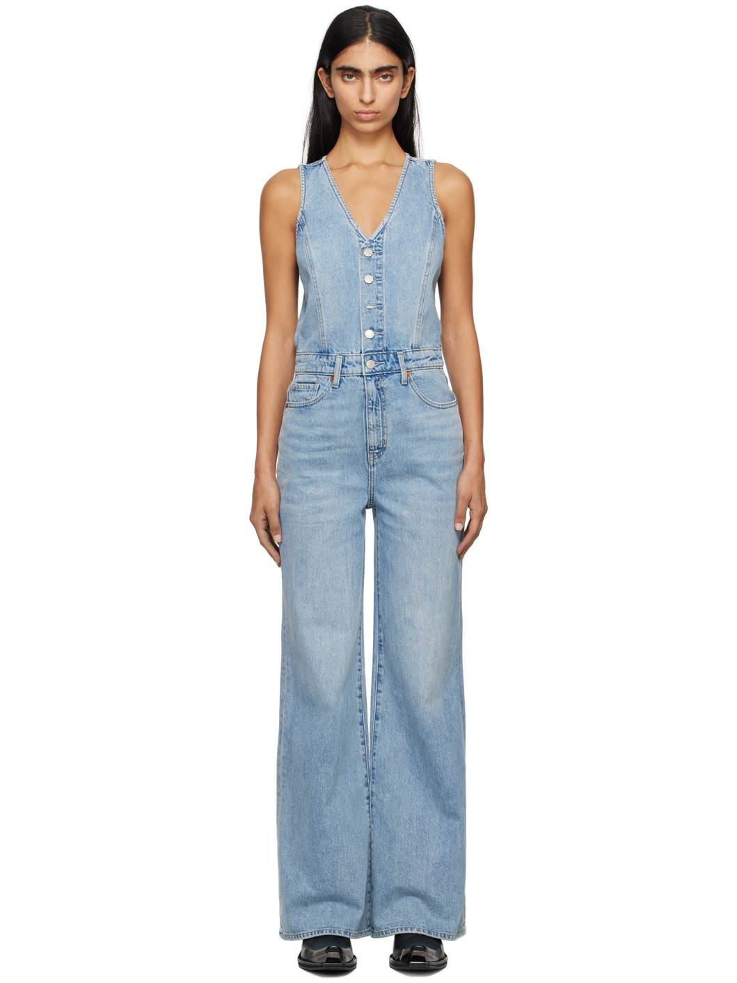 Blue Vest Wide Leg Denim Jumpsuit - 1