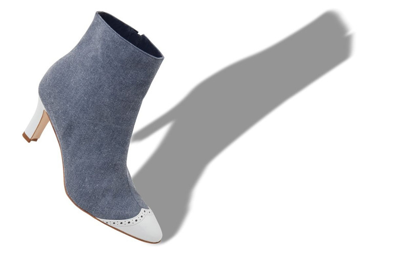 Manolo Blahnik Blue and White Denim Ankle Boots outlook