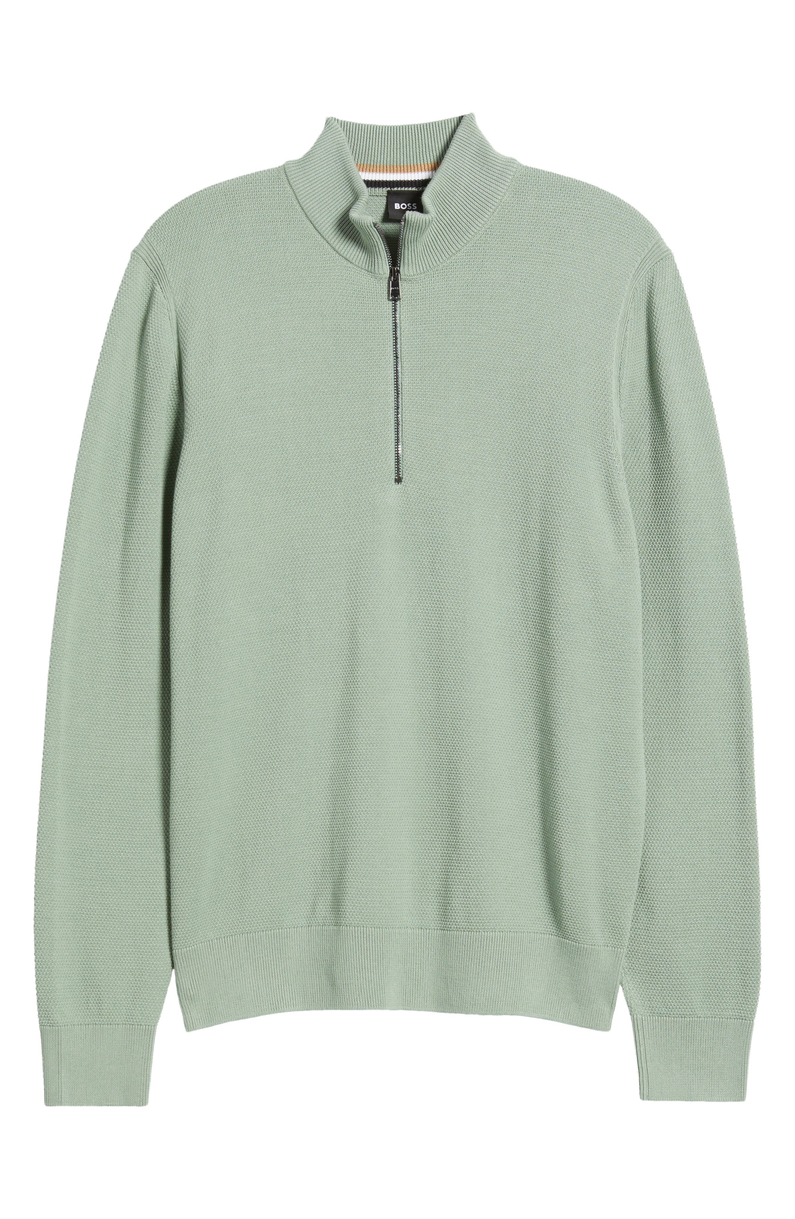 BOSS Ebrando Textured Cotton Half Zip Sweater in Light Green at Nordstrom - 5