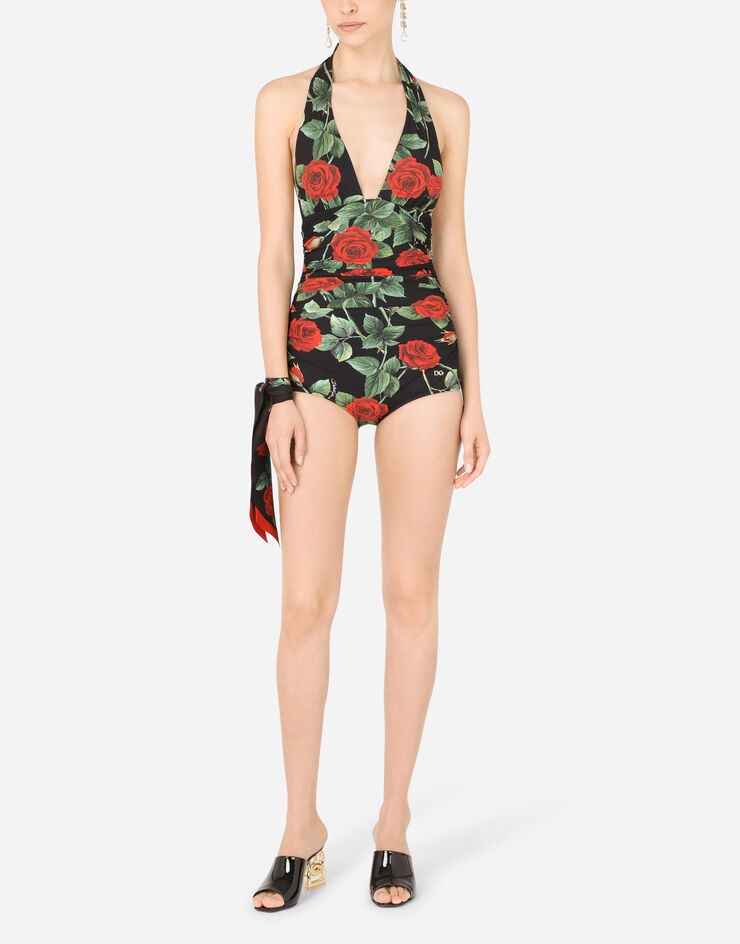 Rose-print one-piece swimsuit with plunging neckline - 2