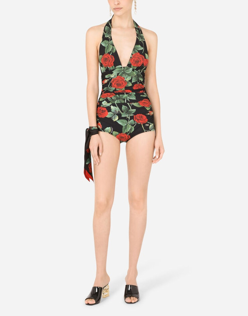 Dolce & Gabbana Rose-print one-piece swimsuit with plunging neckline outlook