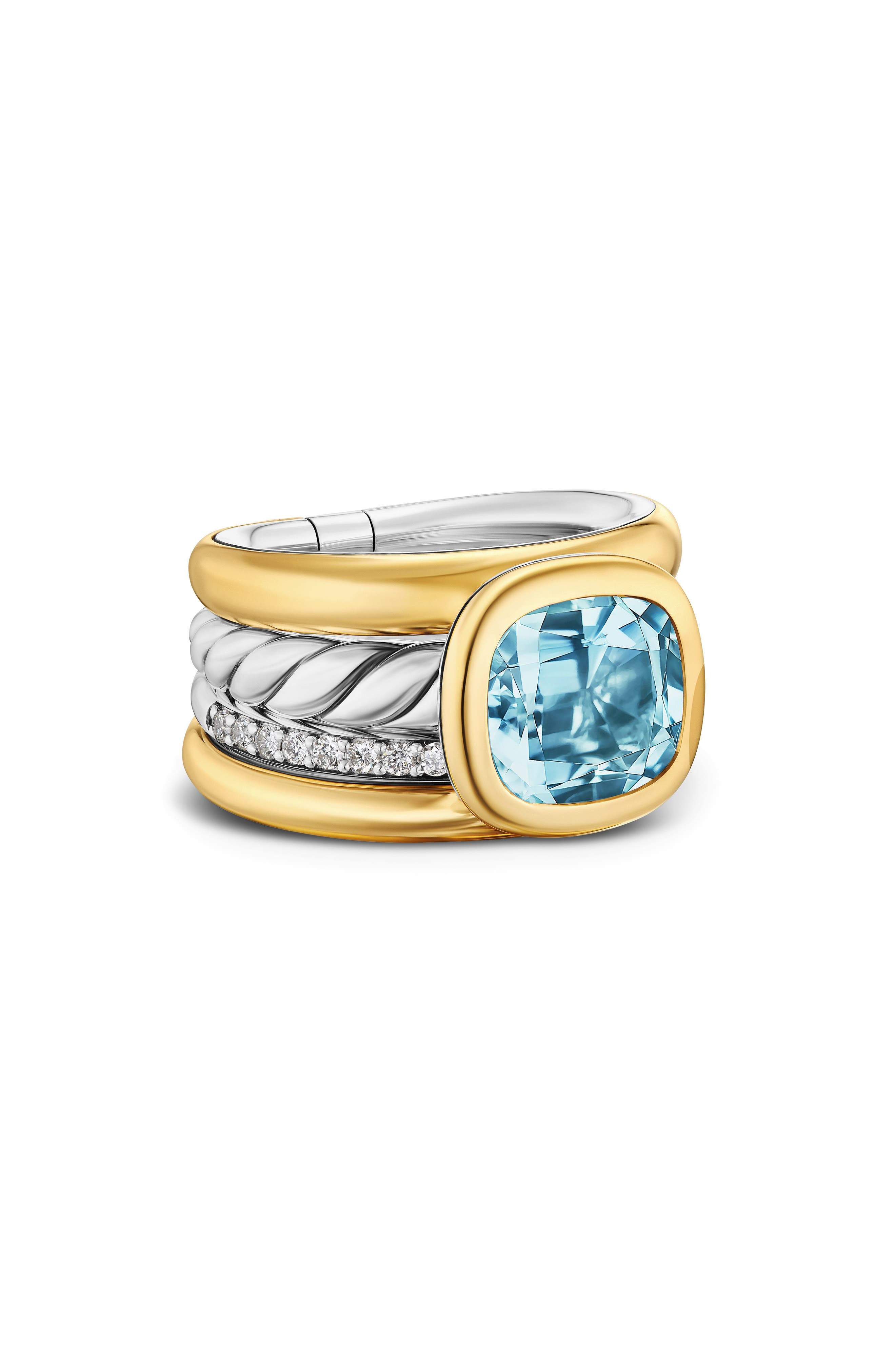 David Yurman DY Mercer® Four Row Stone Ring in Sterling Silver with 18K Yellow Gold, Sky Blue Topaz  - 6