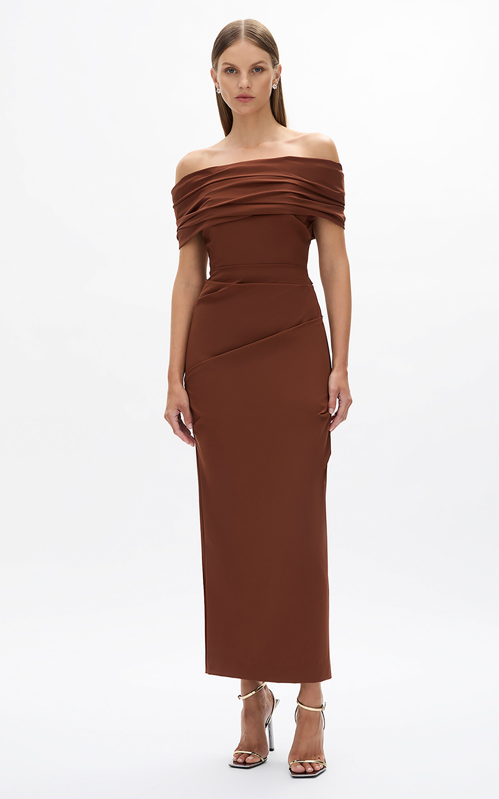 Camille Off-The-Shoulder Stretch-Taffeta Midi Dress brown - 3