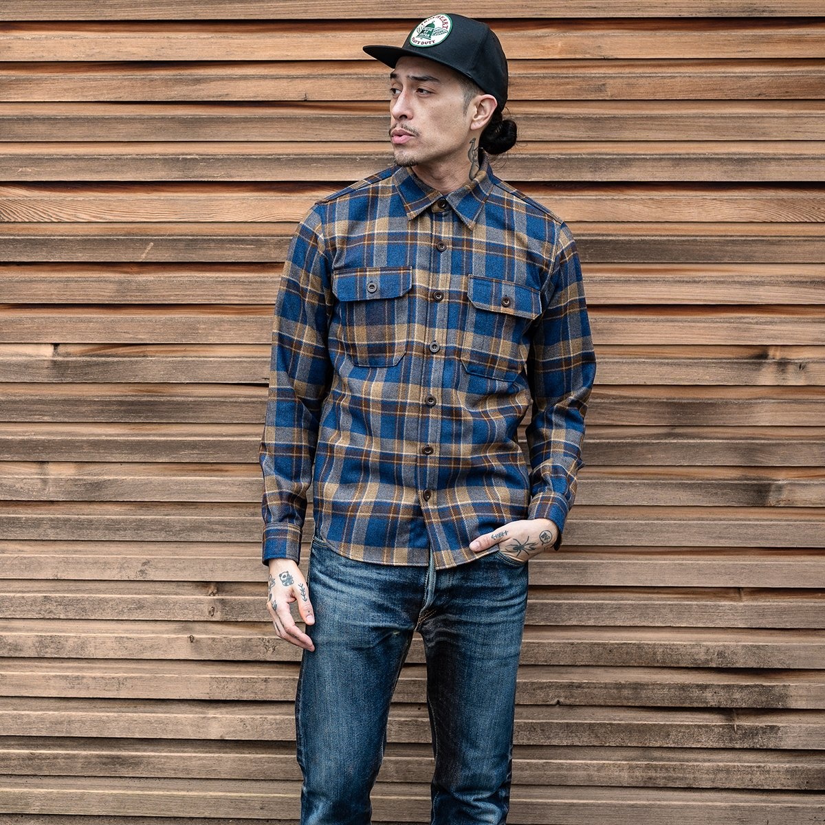 IHDR-434-DTC 14oz Fox Brothers® West Of England Devon Twill Check Flannel CPO Shirt - Blue - 13