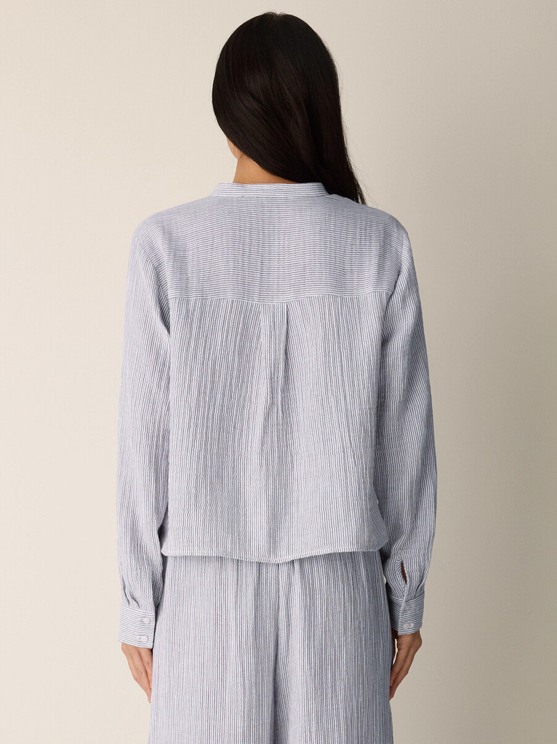 Striped Organic Cotton Gauze Band Collar Shirt 4