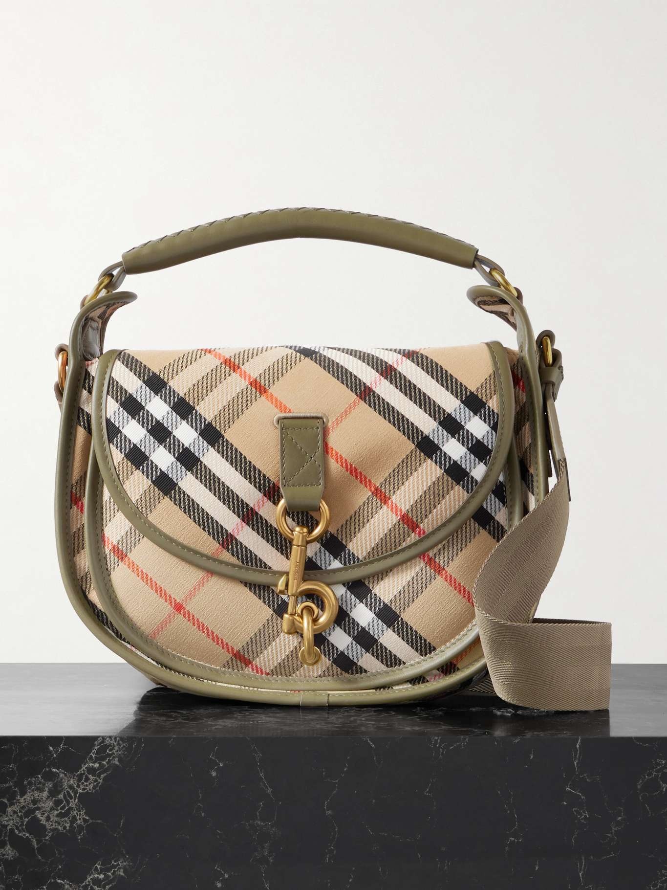 Small leather-trimmed checked canvas shoulder bag Beige - 1