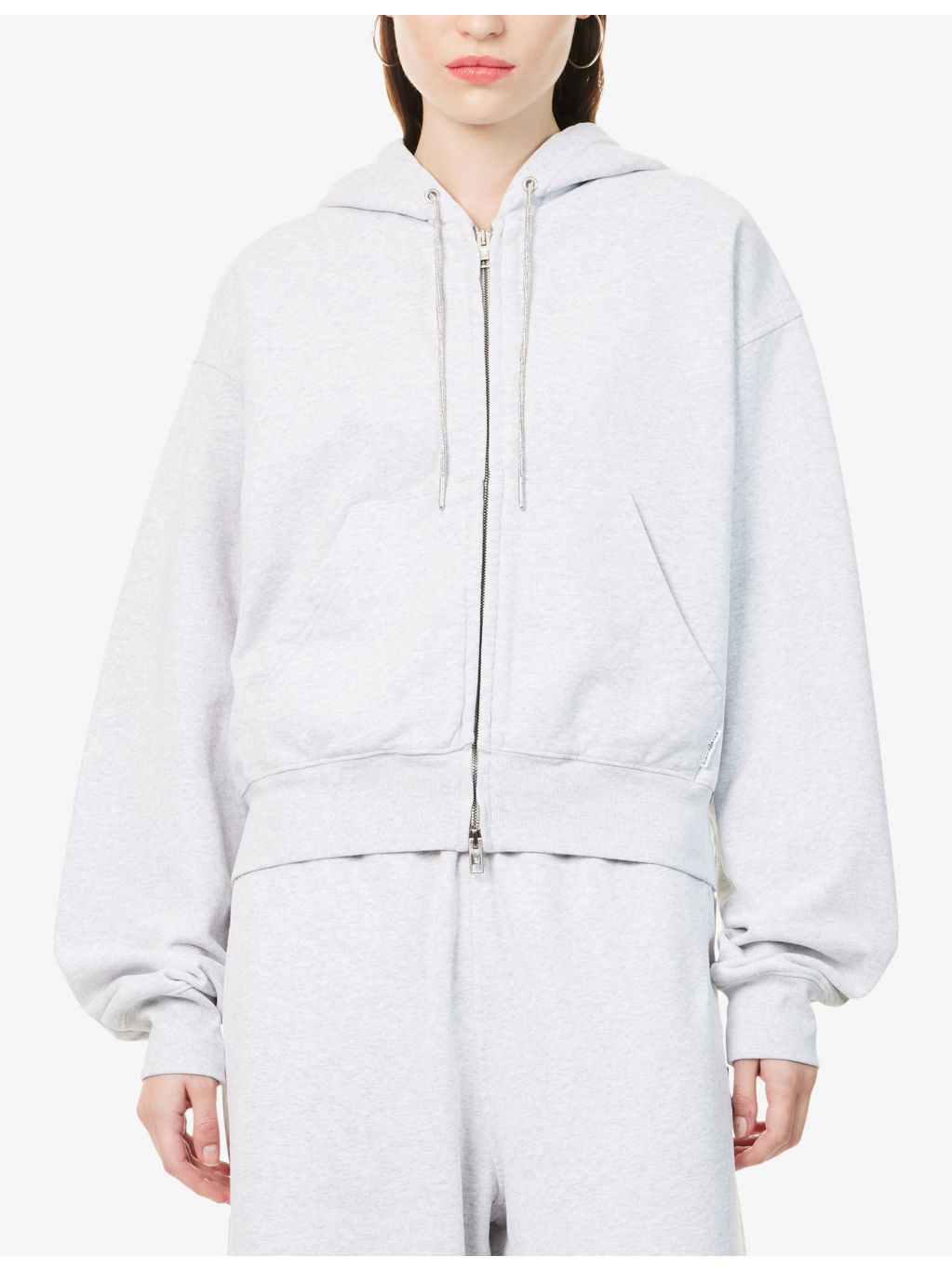 Rhinestone Drawcord Cropped Cotton-Jersey Hoodie - 3