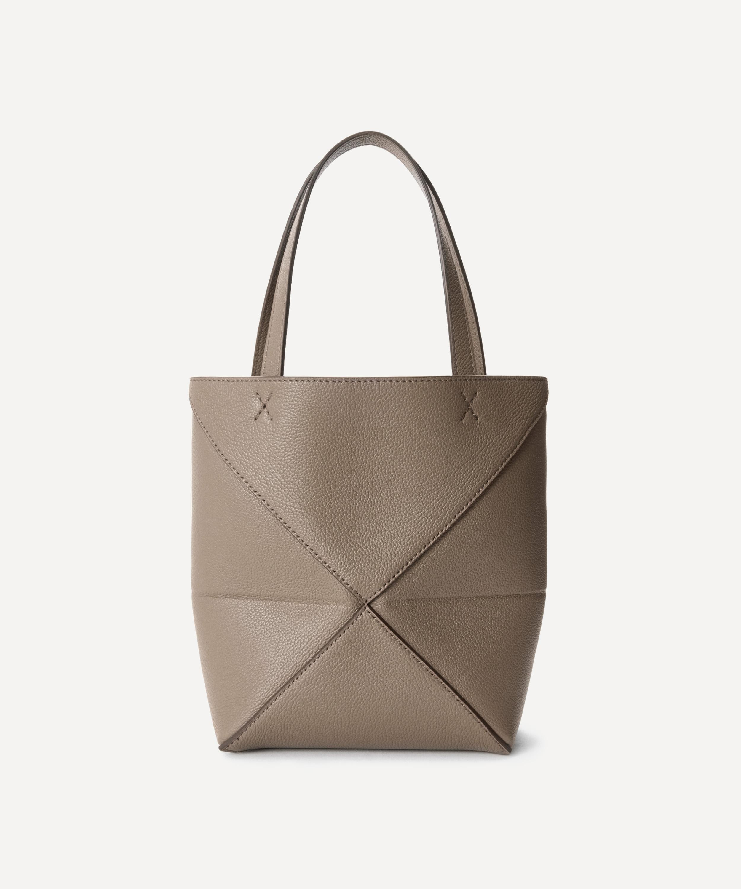 Mini Puzzle Fold Taupe Leather Tote Bag - 4
