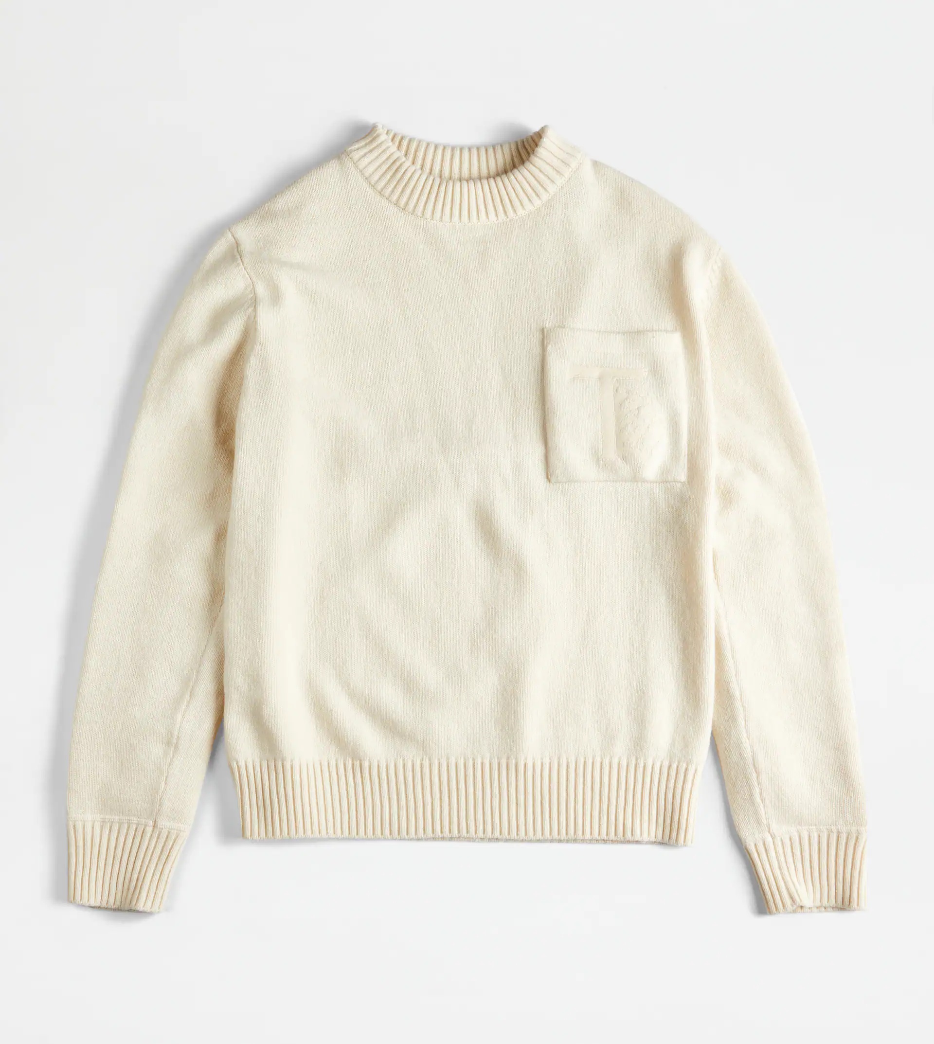 TOD'S ROUND NECK JUMPER WITH QUILTED PATCHES - WHITE - 1