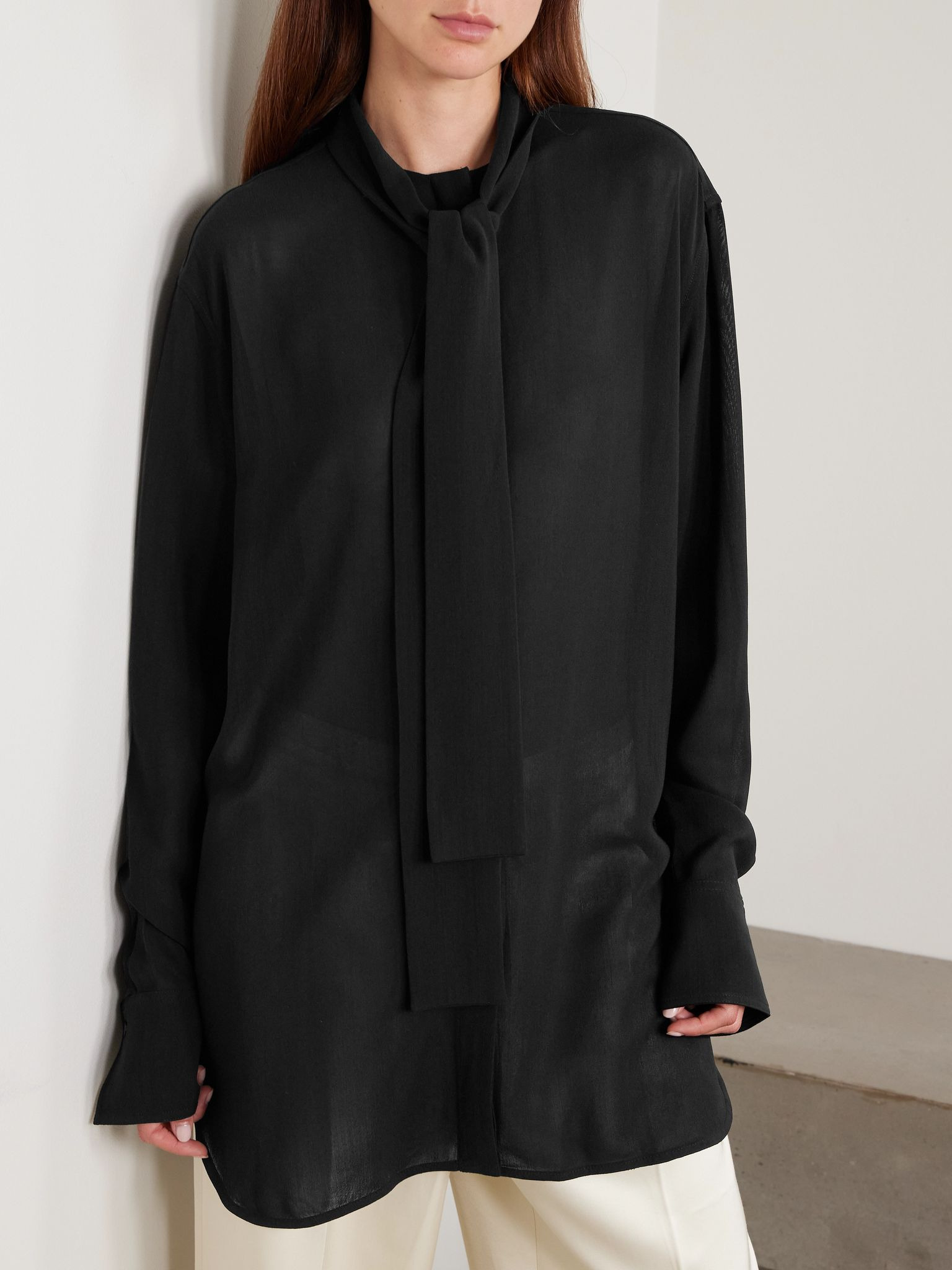 Tie-neck crepe de chine blouse Black - 3