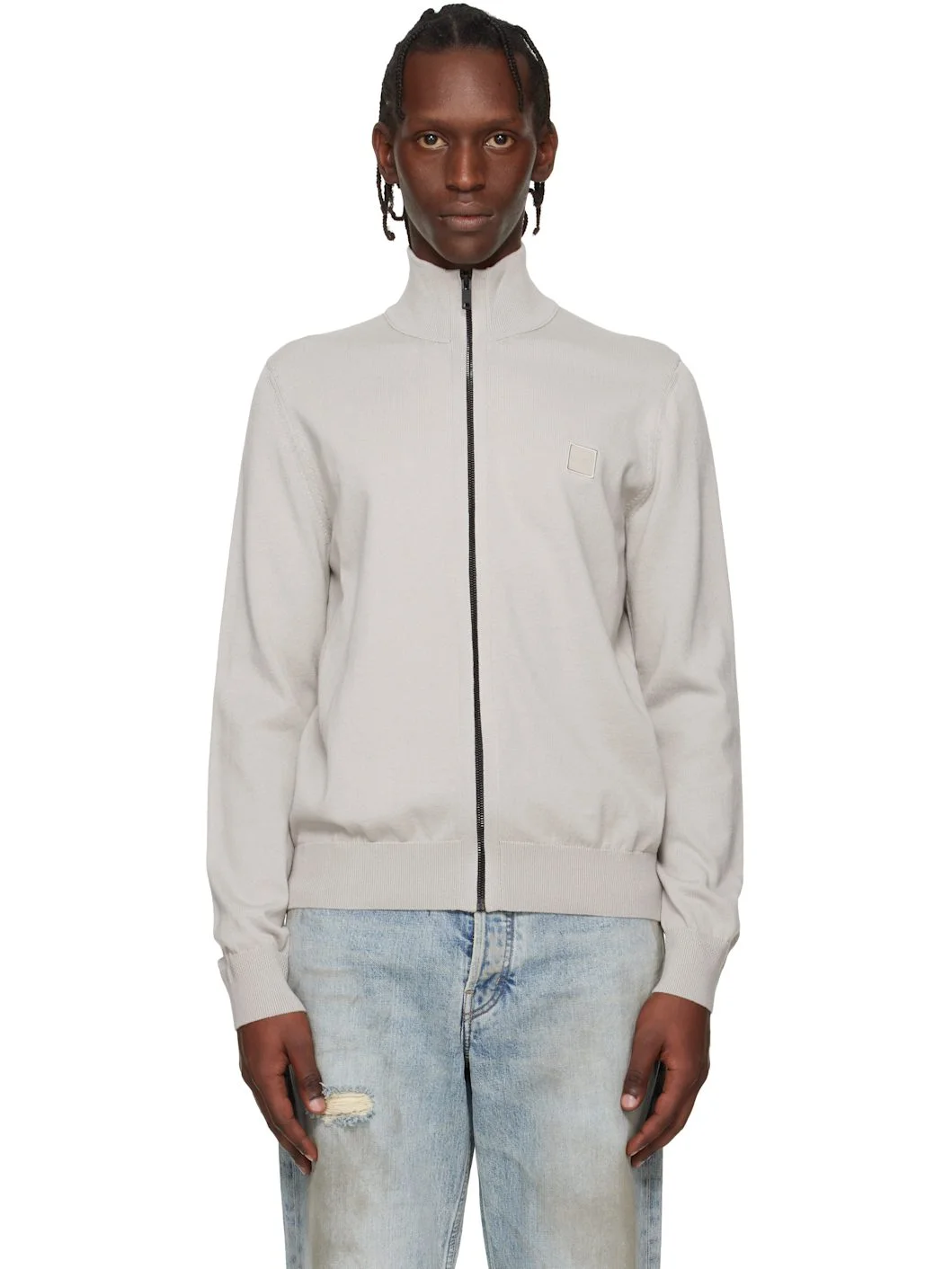 Gray Cotton Cashmere Knitted Logo Patch Sweatshirt - 1