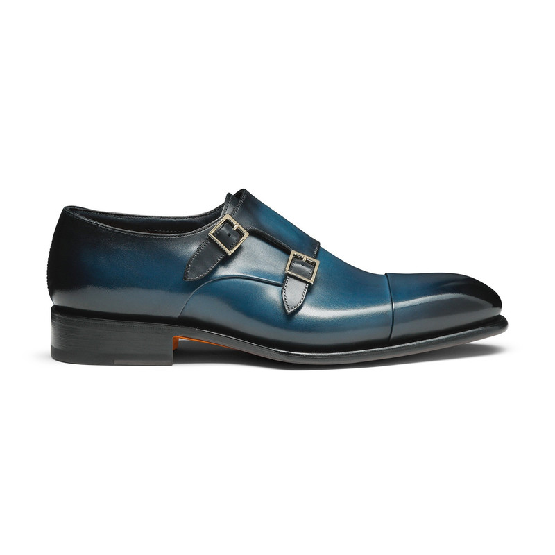 Men's blue leather double-buckle shoe - 1