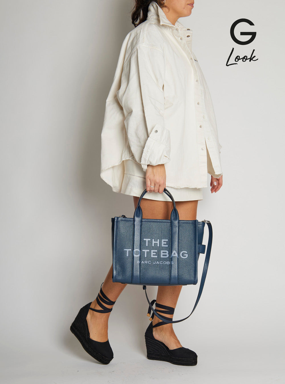 Marc Jacobs Women 'The Tote Bag Medium' Blue Bag With Logo Print On The Front In Hammered Leather Wo - 7