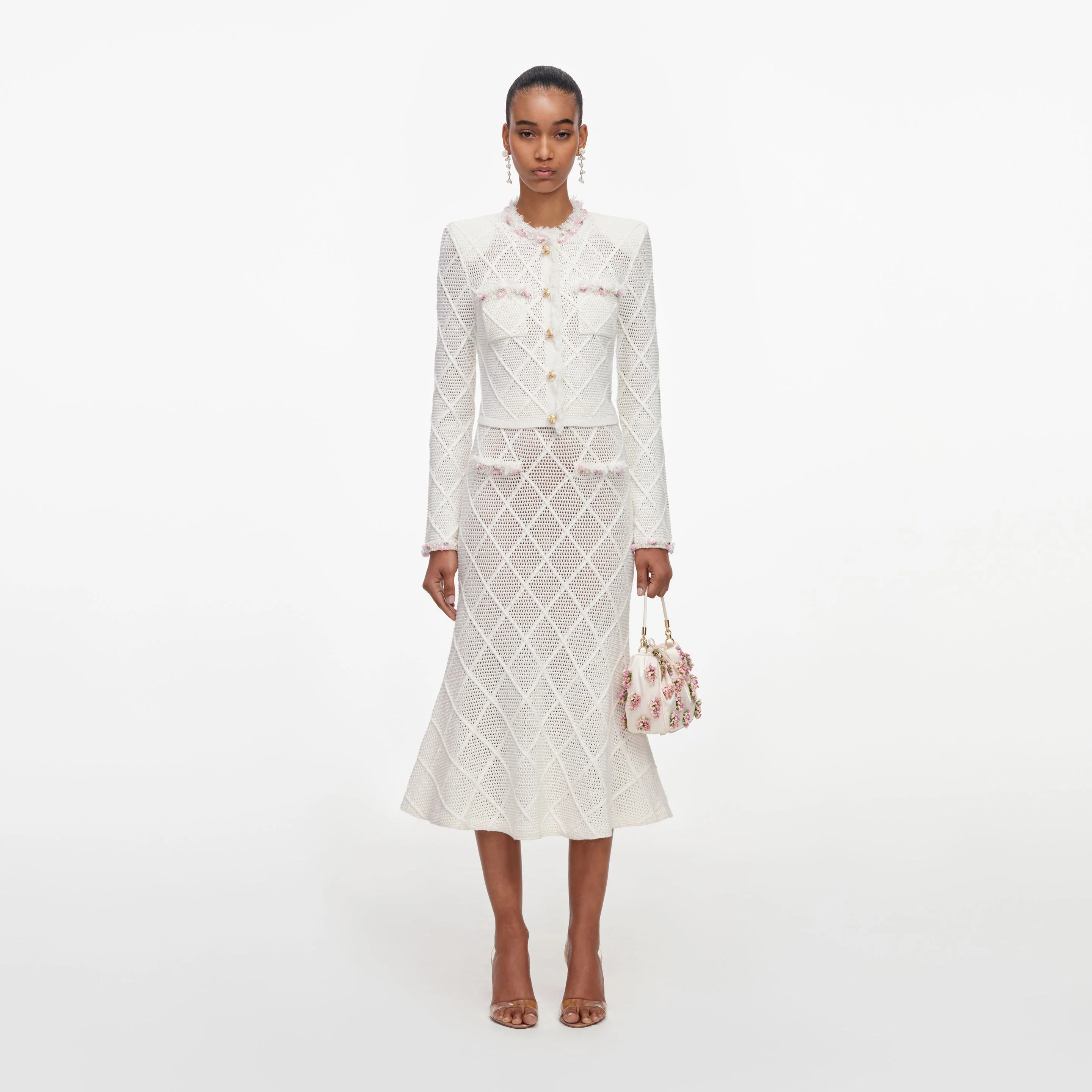 Cream Fringe Knit Midi Skirt - 1