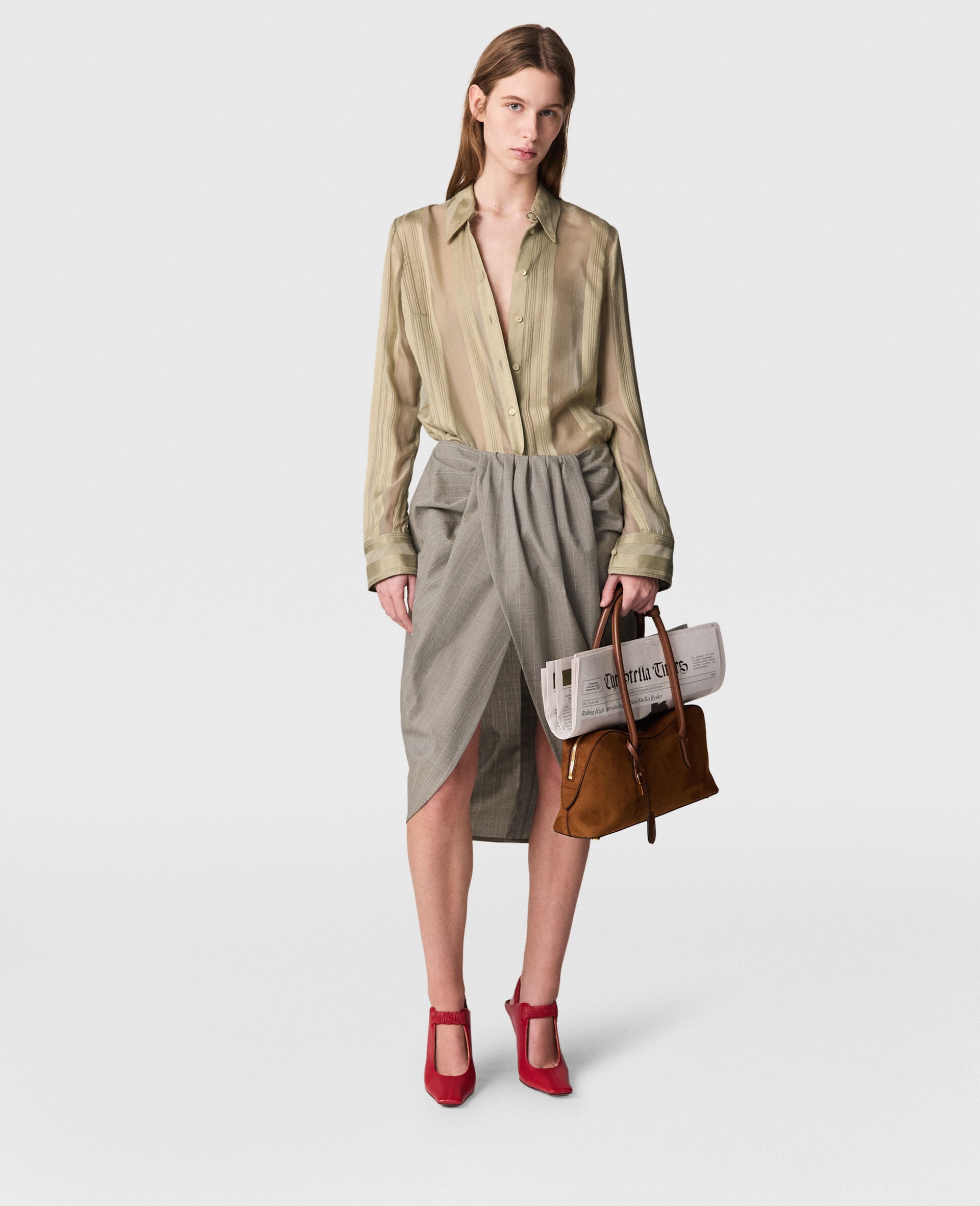 Ruched Wrapped Pinstripe Midi Skirt - 2