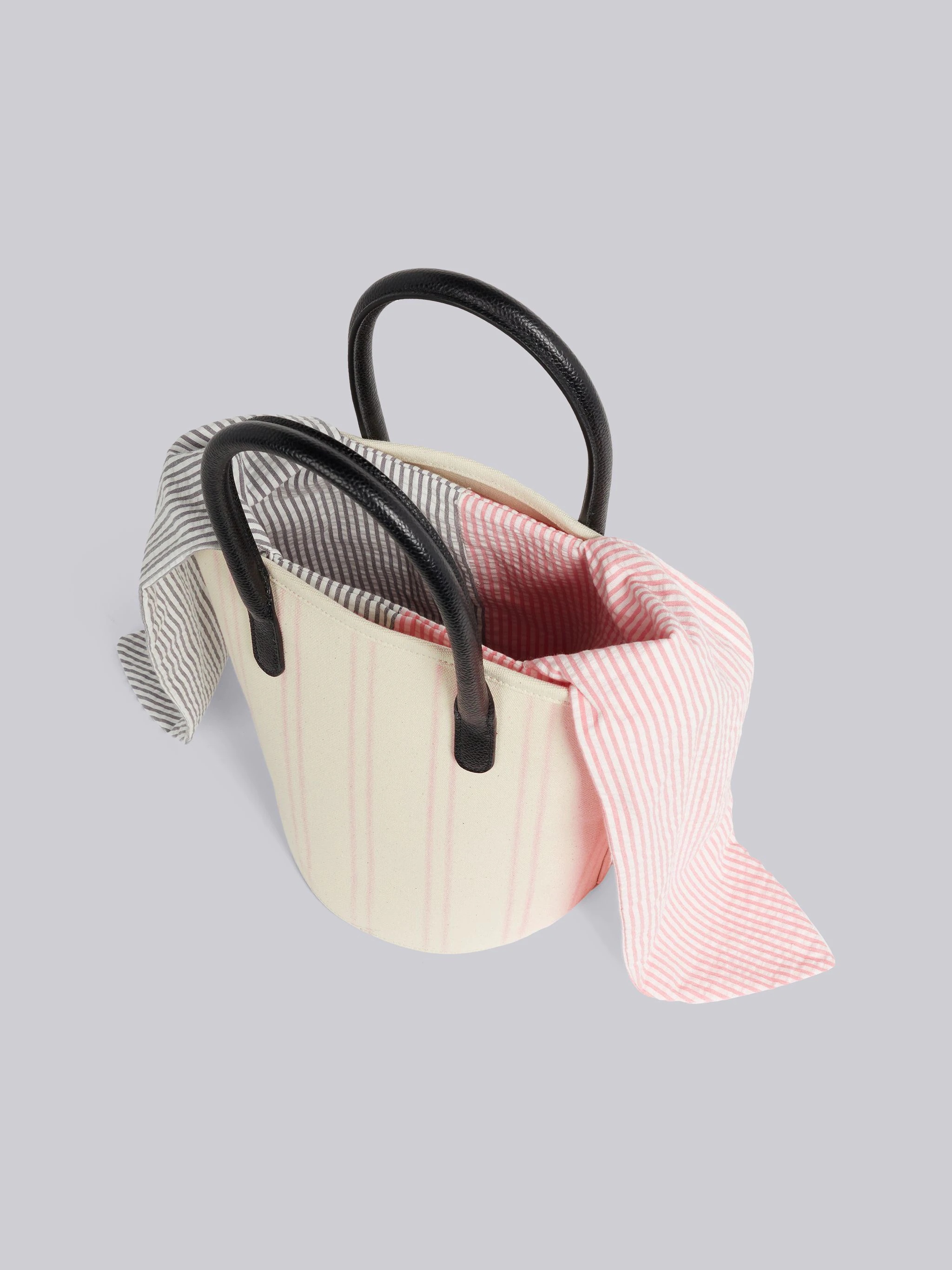 Light Pink Striped Cotton Canvas Shoulder Strap Mini Bucket Bag With Interior Pouch - 5