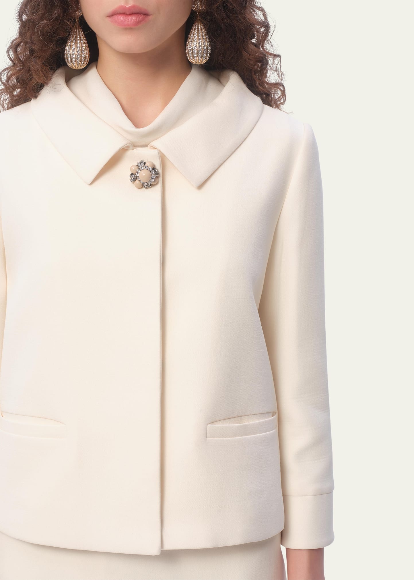 Collared Brooch Wool Jacket - 4