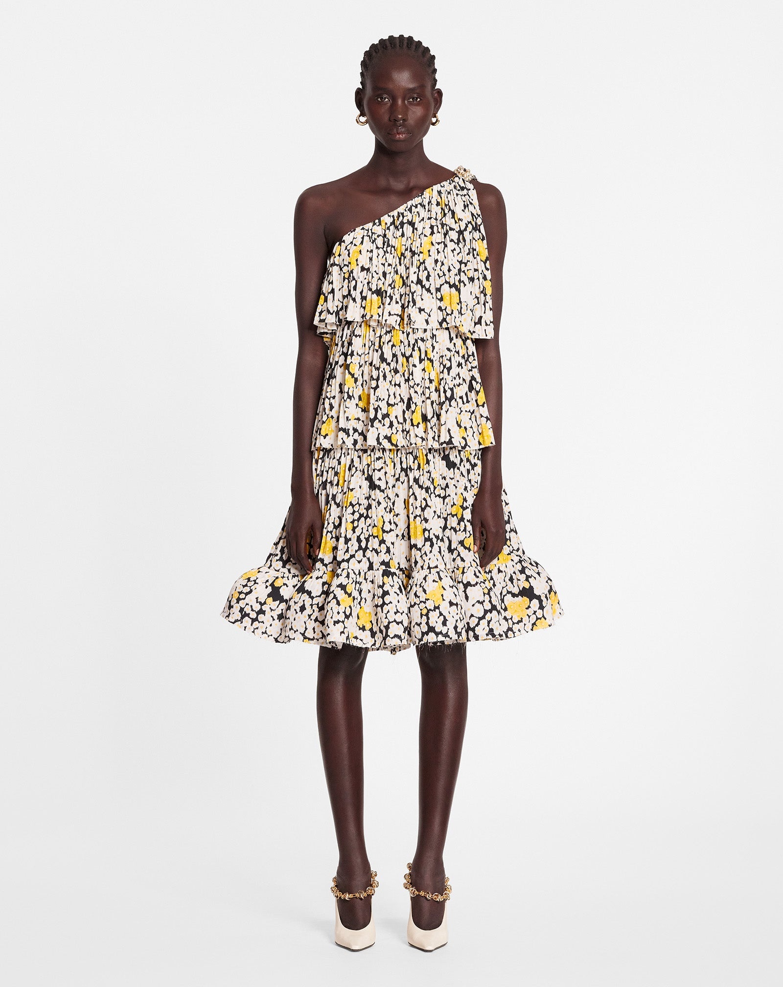 PRINTED CHARMEUSE ASYMMETRIC DRESS WITH RUFFLES - 2