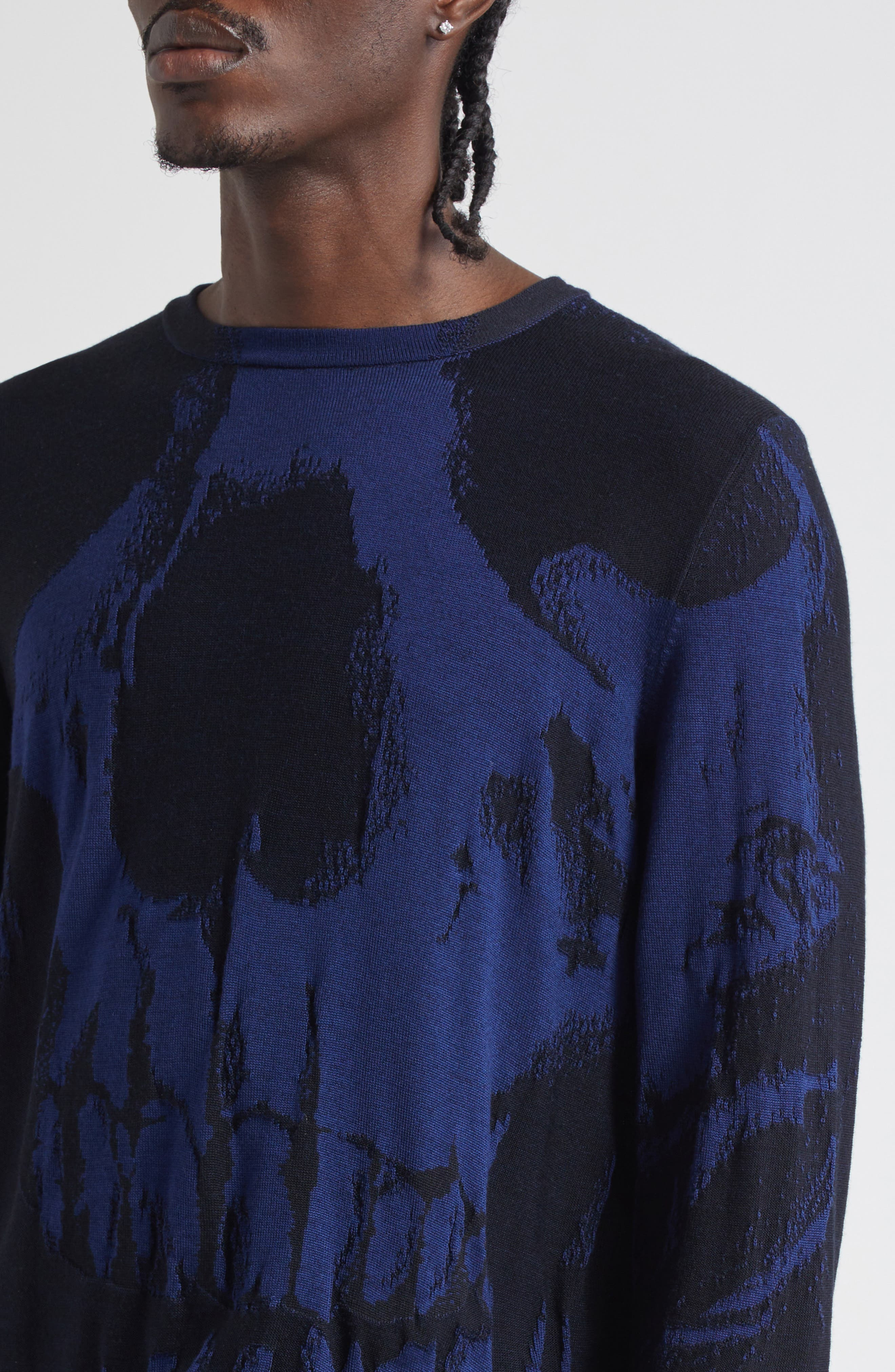 McQueen Skull Double Knit Wool Crewneck Sweater in After Blue/Black at Nordstrom - 5