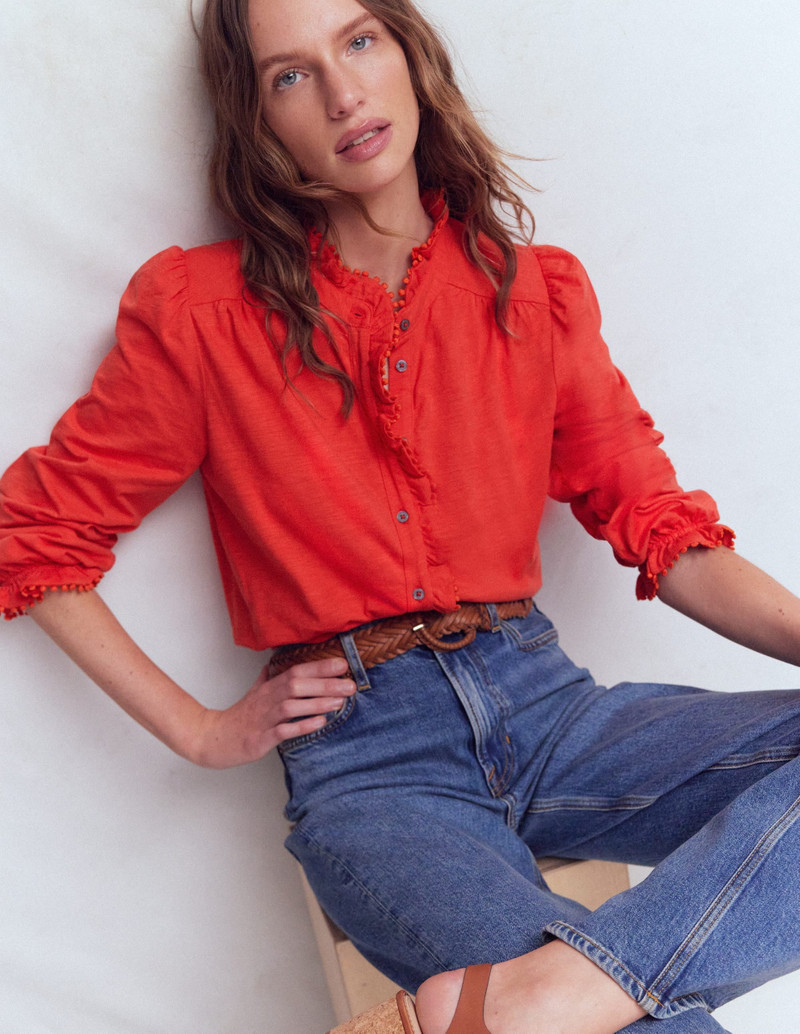 BODEN Emily Pom Detail Ruffle Shirt-Blood Orange outlook