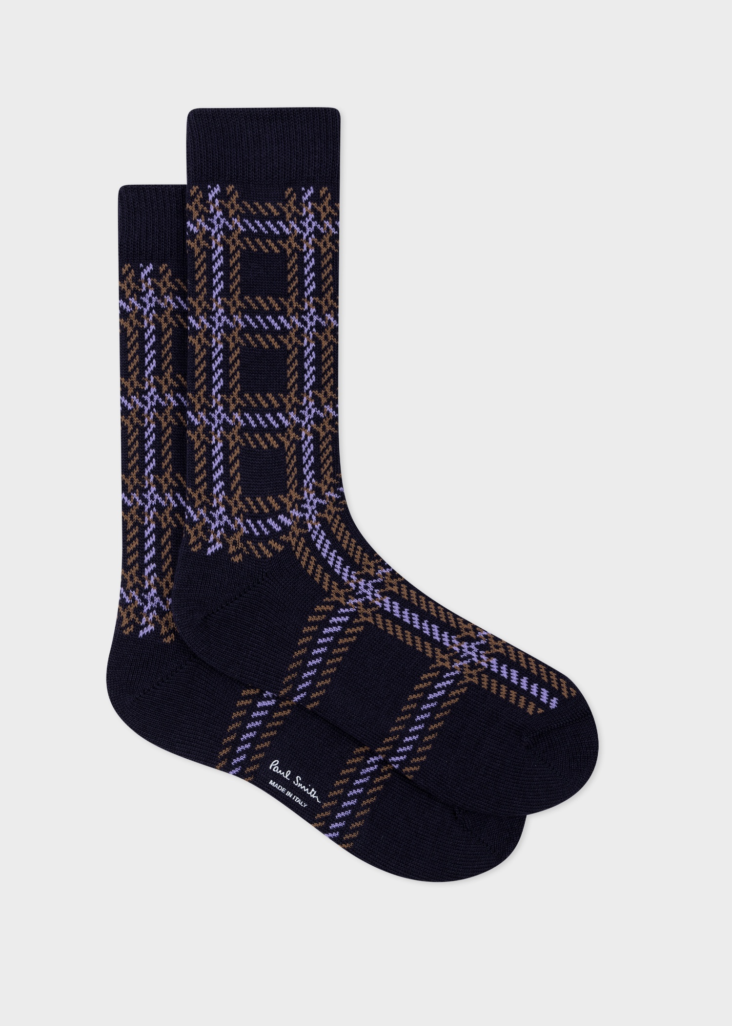 Navy Cotton And Wool-Blend Check Socks - 1