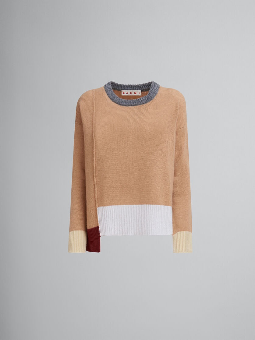 BROWN COLOUR-BLOCK CASHMERE JUMPER - 1