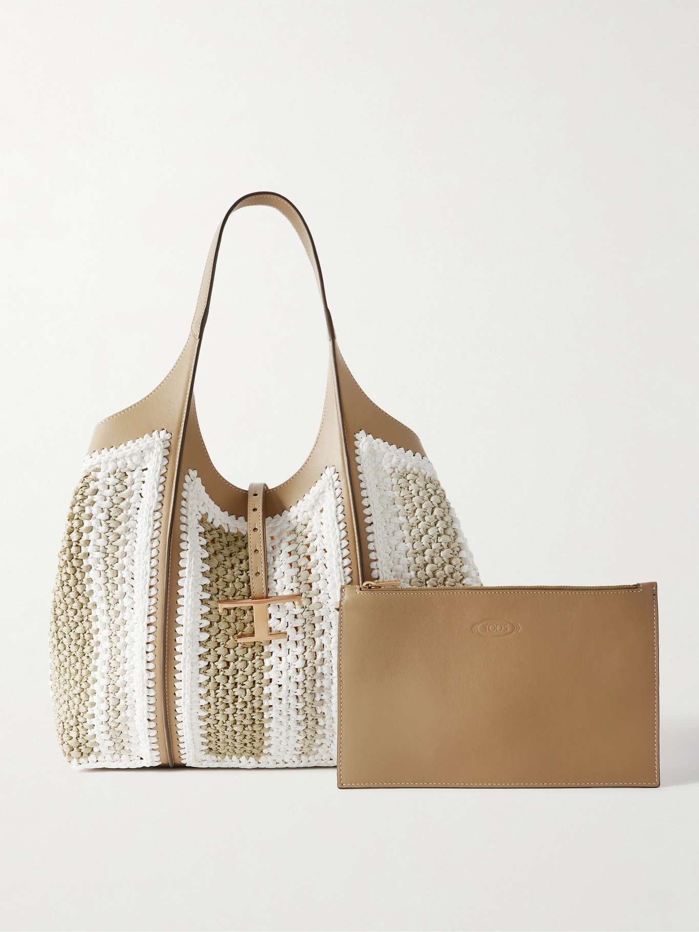 TSB leather-trimmed crocheted raffia shoulder bag Taupe - 6