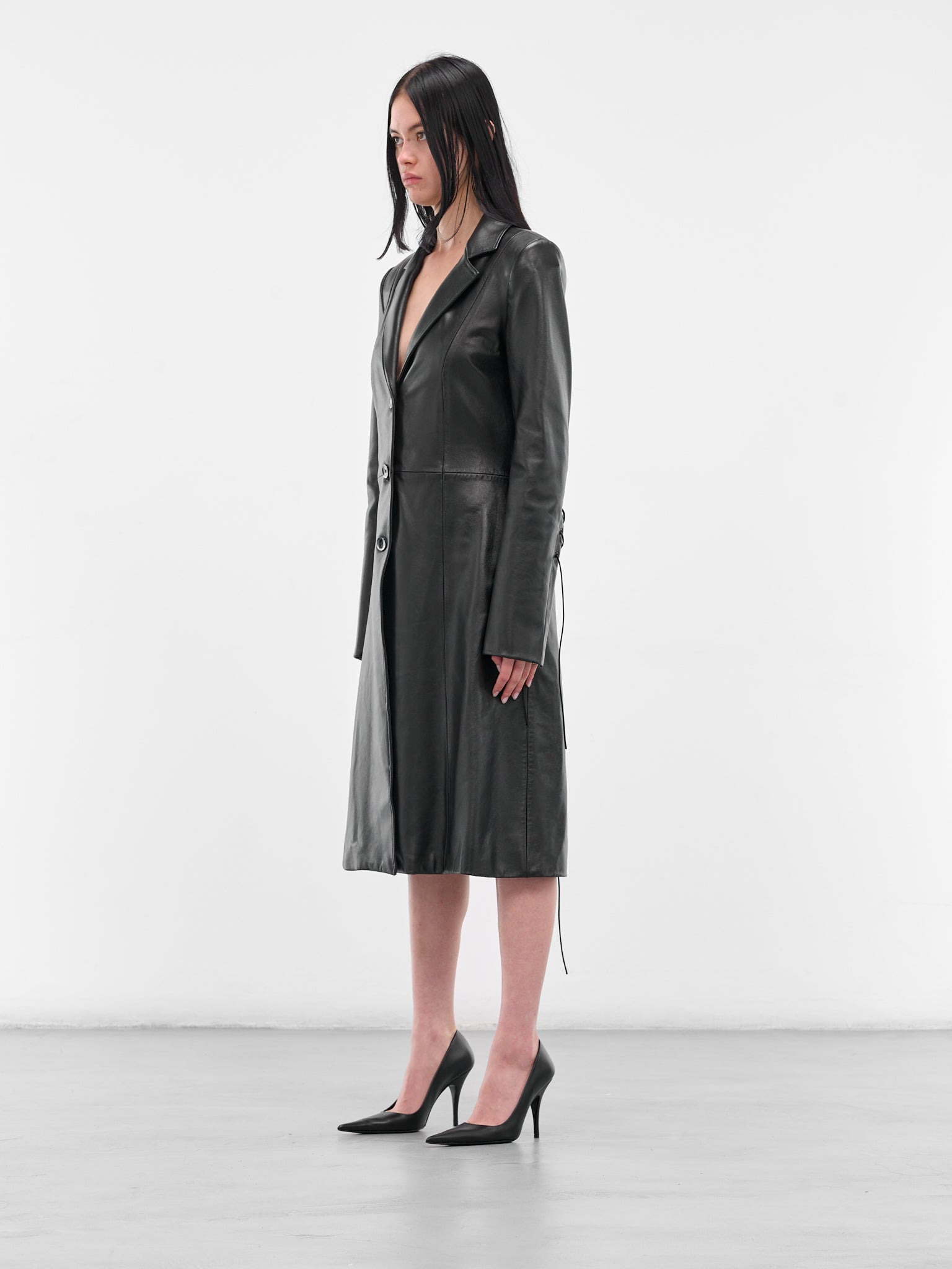 Black Leather Lace-Up Coat - 2