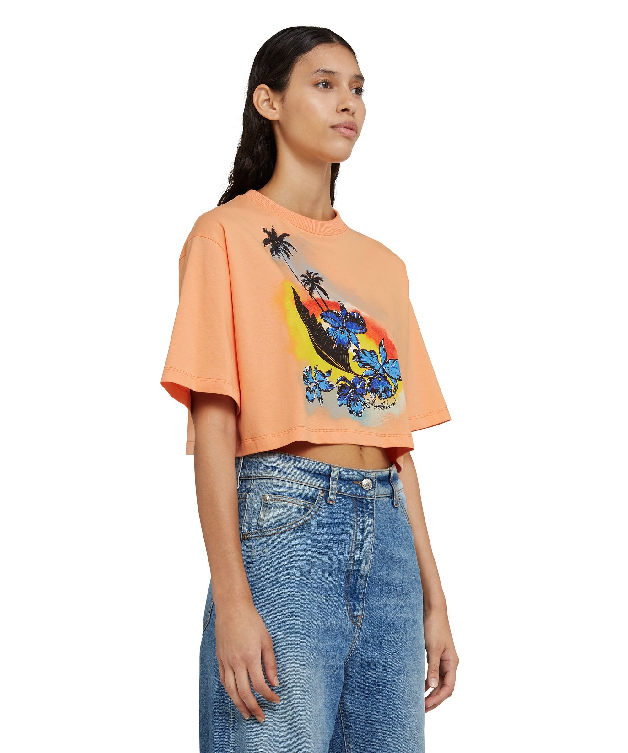 Solid color cotton crop-top crewneck t-shirt with "MSGM Sunset" graphic - 5