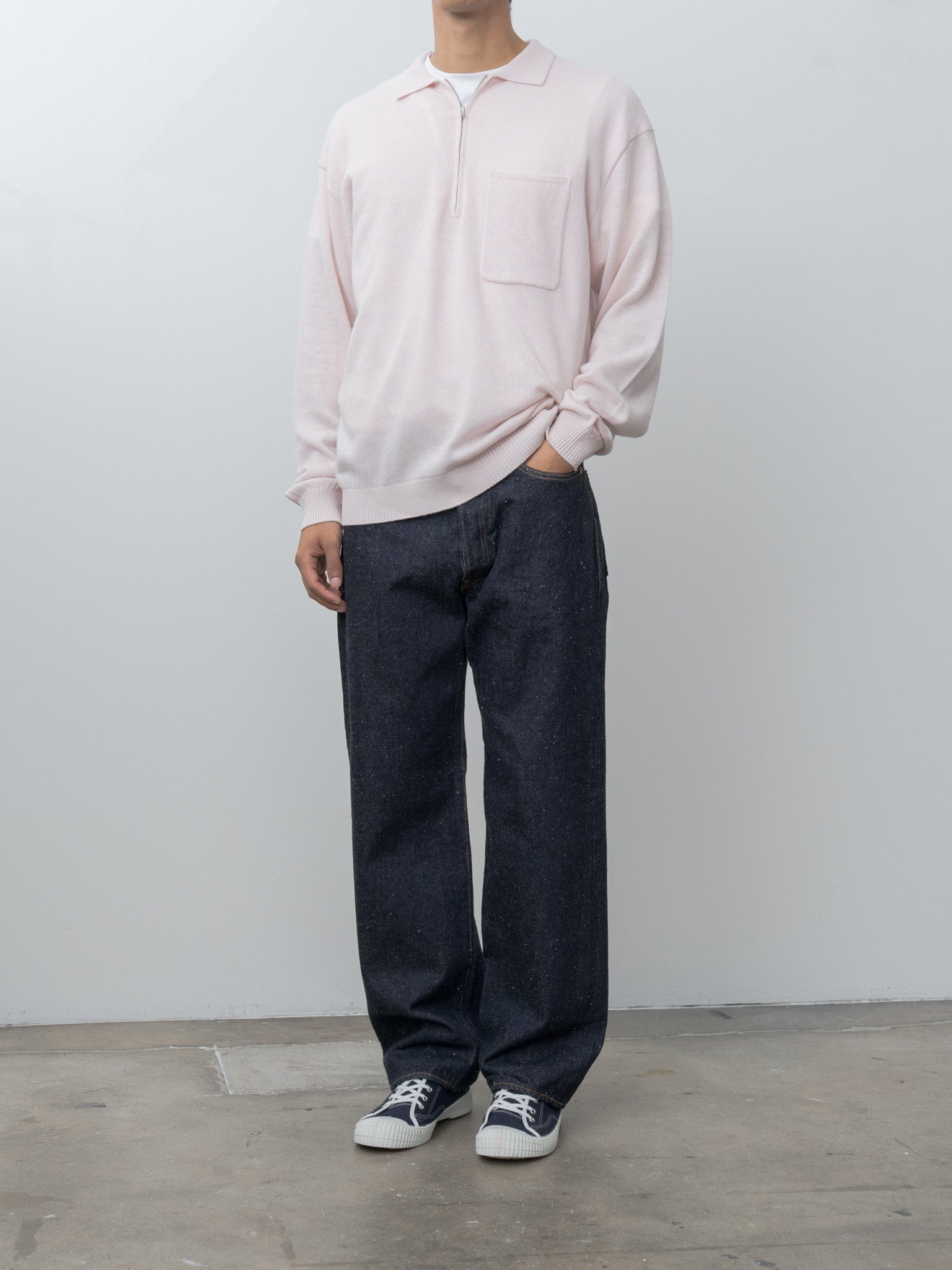 Linen Wool Brushed Zip Up Polo Sweater - Pink - 3