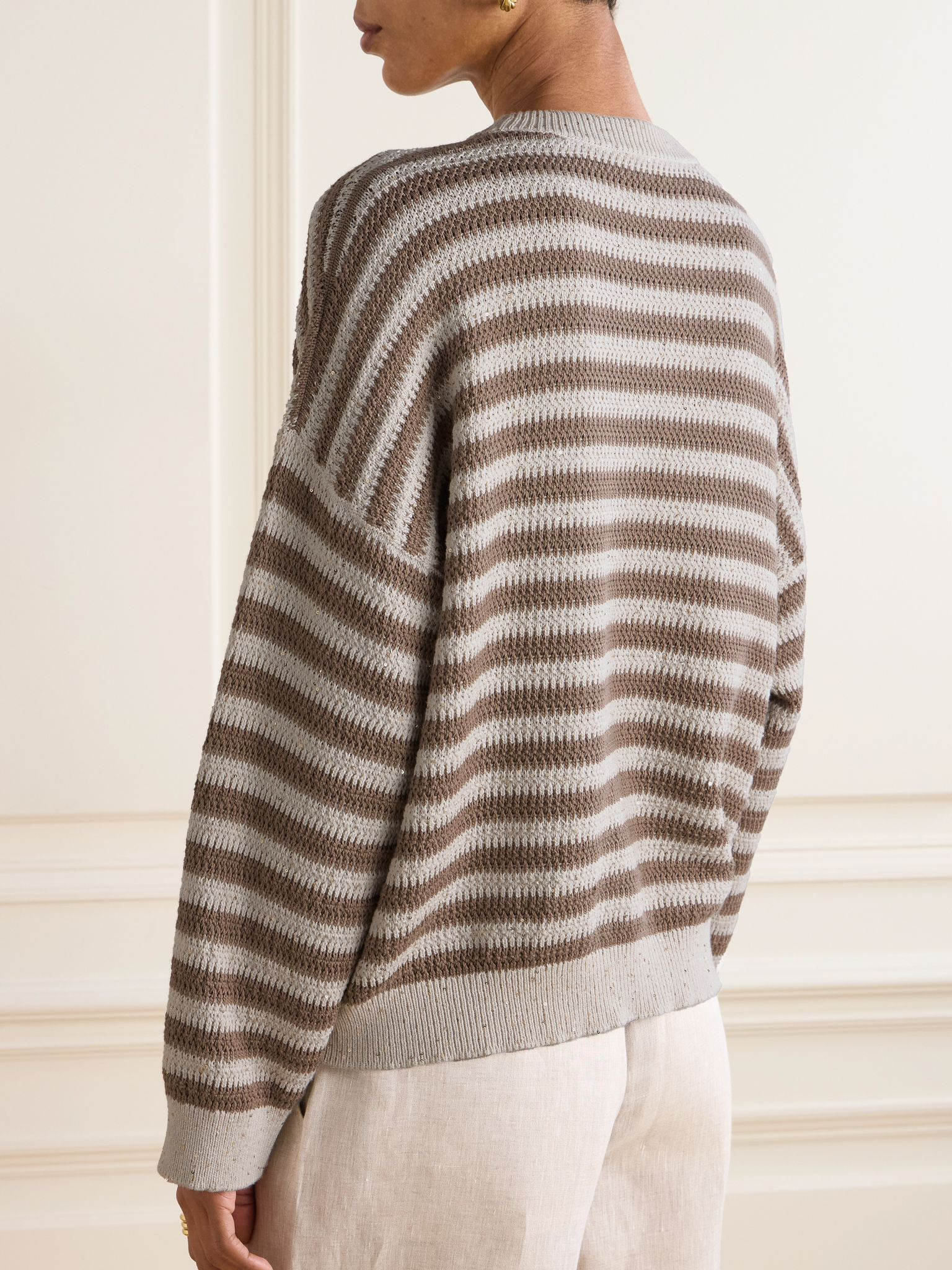 Sequin-embellished striped cotton-blend sweater Tan - 4