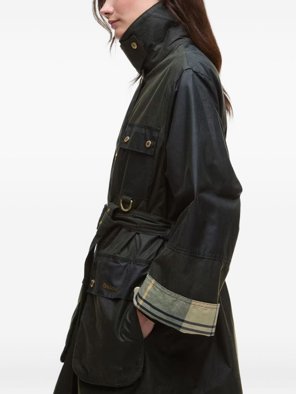 belted tartan-cuff coat - 4
