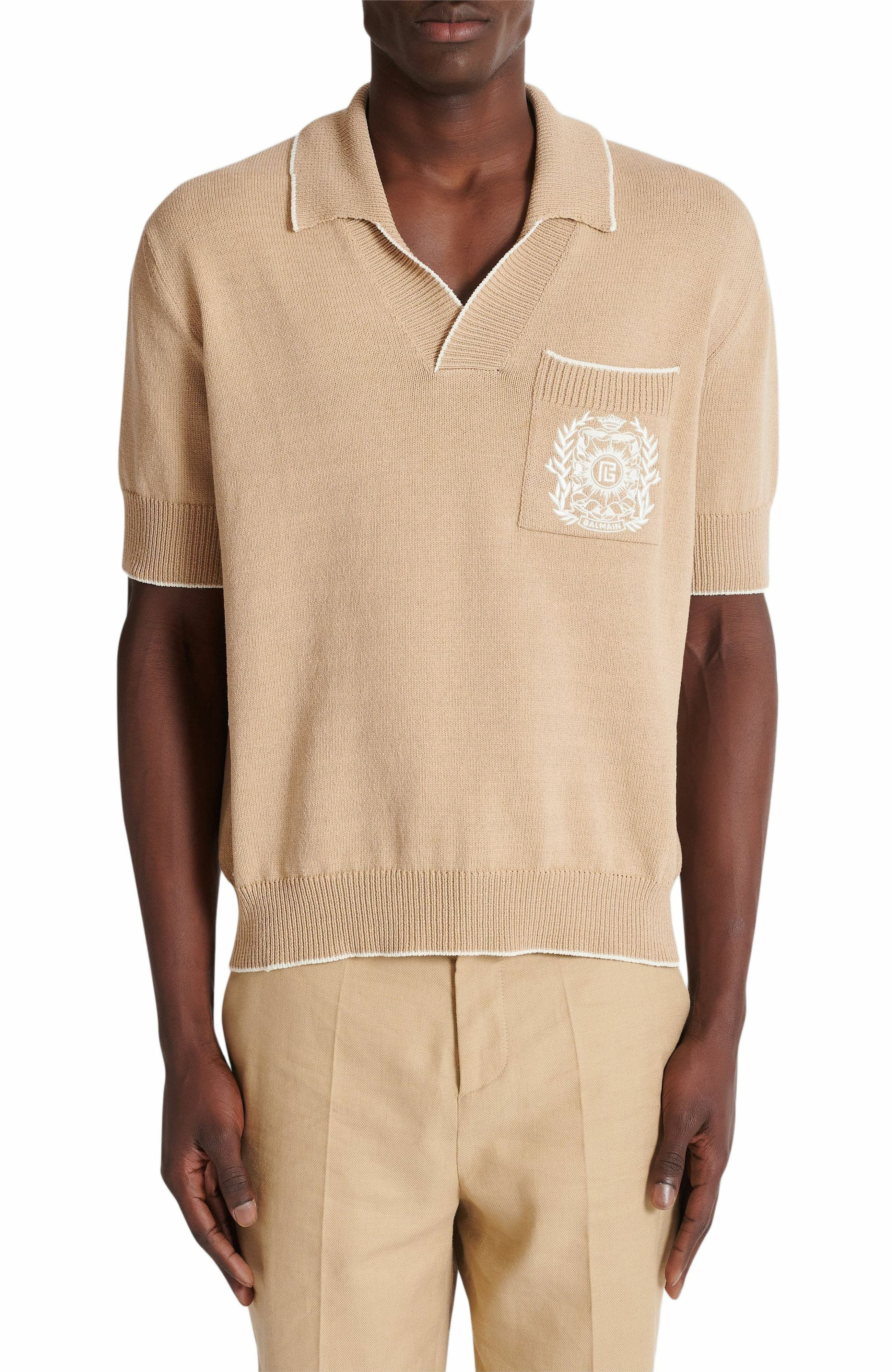 Balmain Écusson embroidered knit polo shirt in Beige at Nordstrom - 7