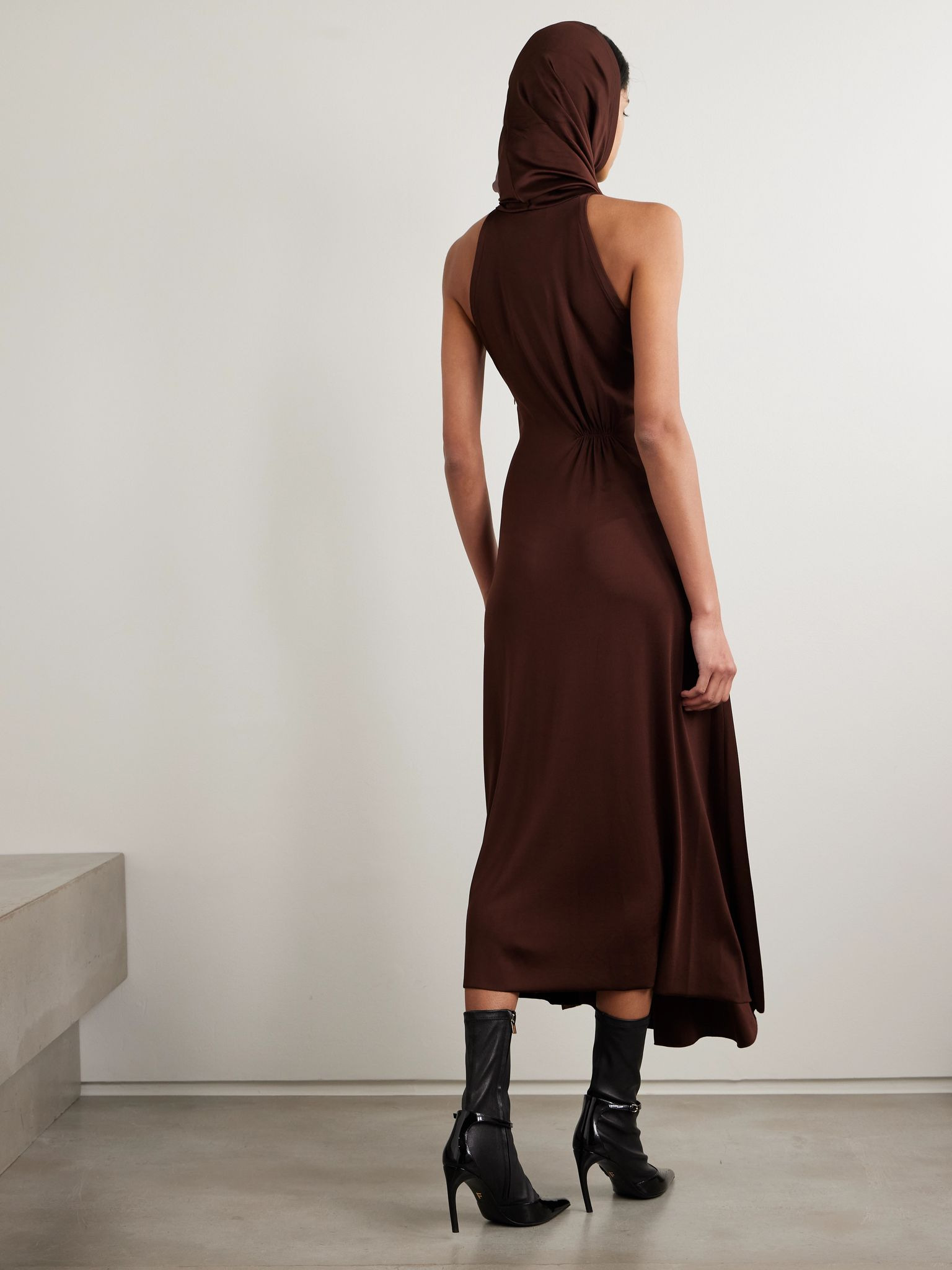 Hooded stretch-jersey midi dress Brown - 3