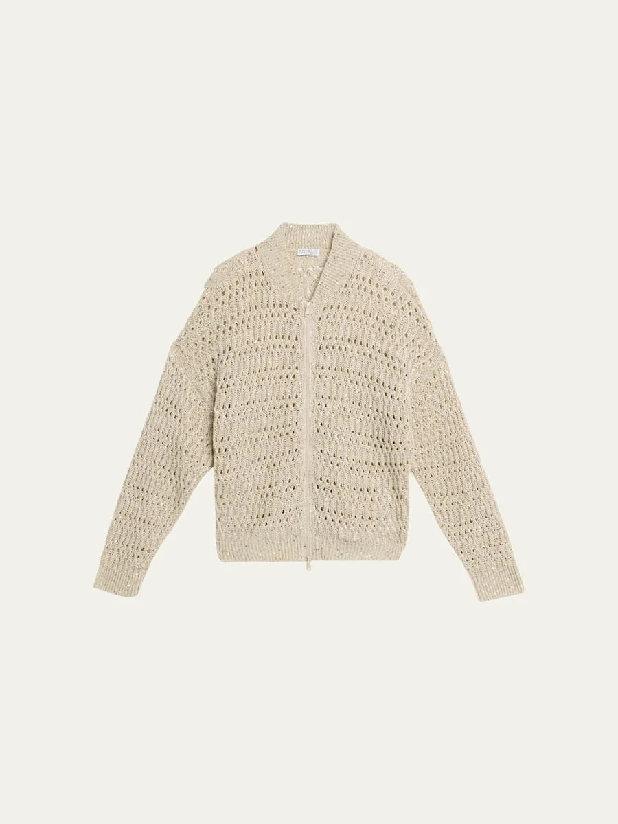 Paillette Linen Open-Knit Zip Cardigan - 1