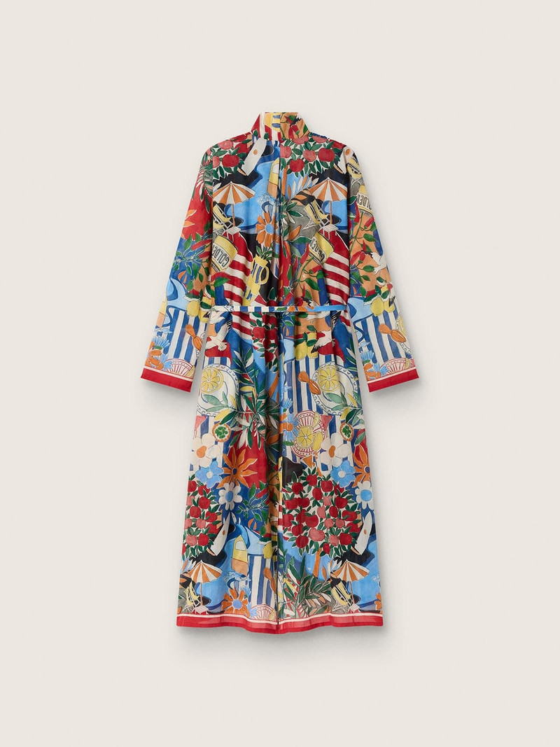 Golden Goose Women's kaftan dress in ecru cotton voile with multicolor print outlook