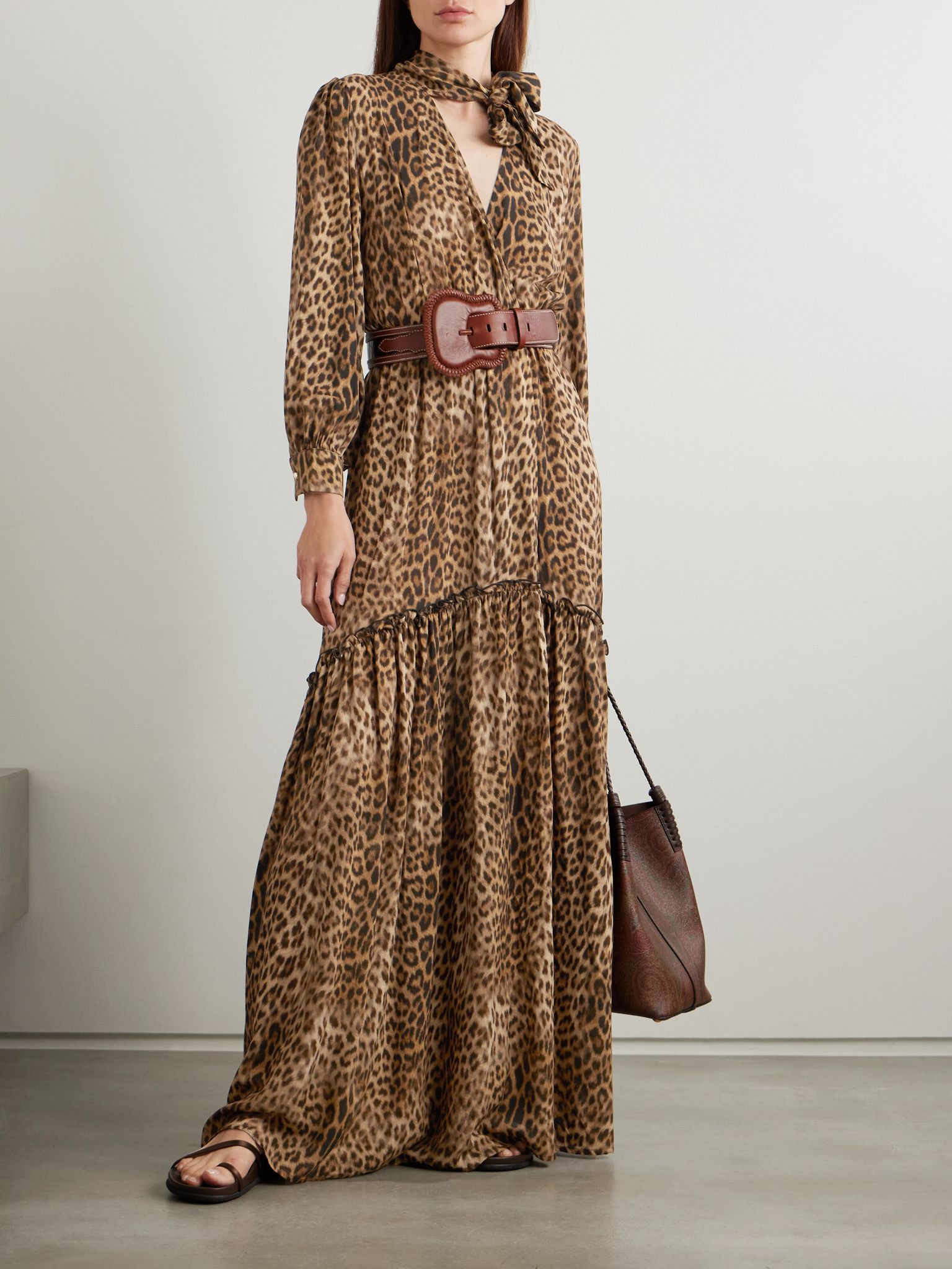 Skylar scarf-detailed belted printed crepe maxi dress Leopard print - 2