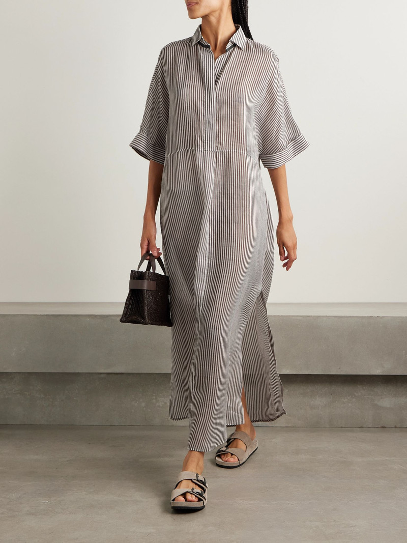 Brunello Cucinelli Oversized bead-embellished striped linen and silk-blend organza maxi shirt dress Brown outlook
