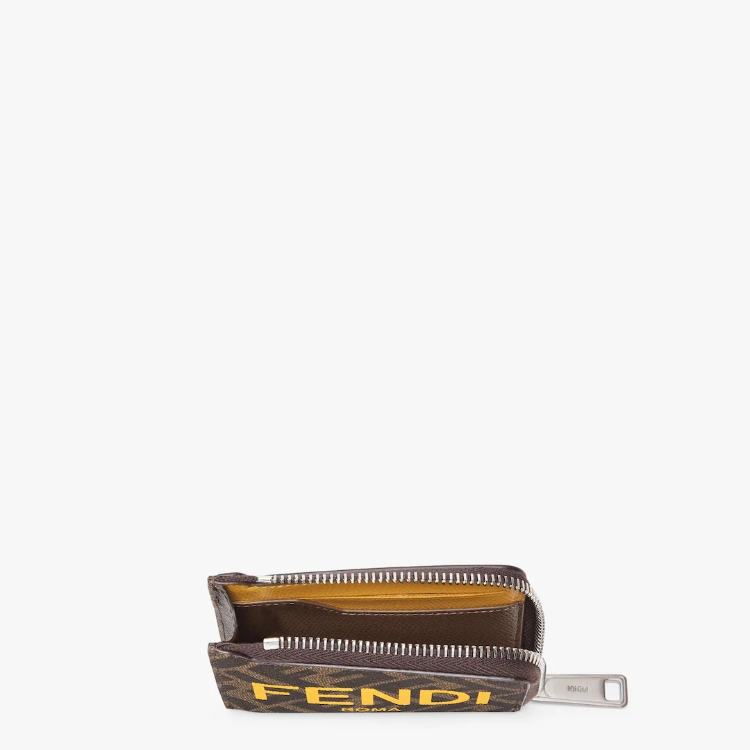 Card holder with L-shaped zip closure. Made of textured fabric with brown diagonal FF motif. Embelli - 3