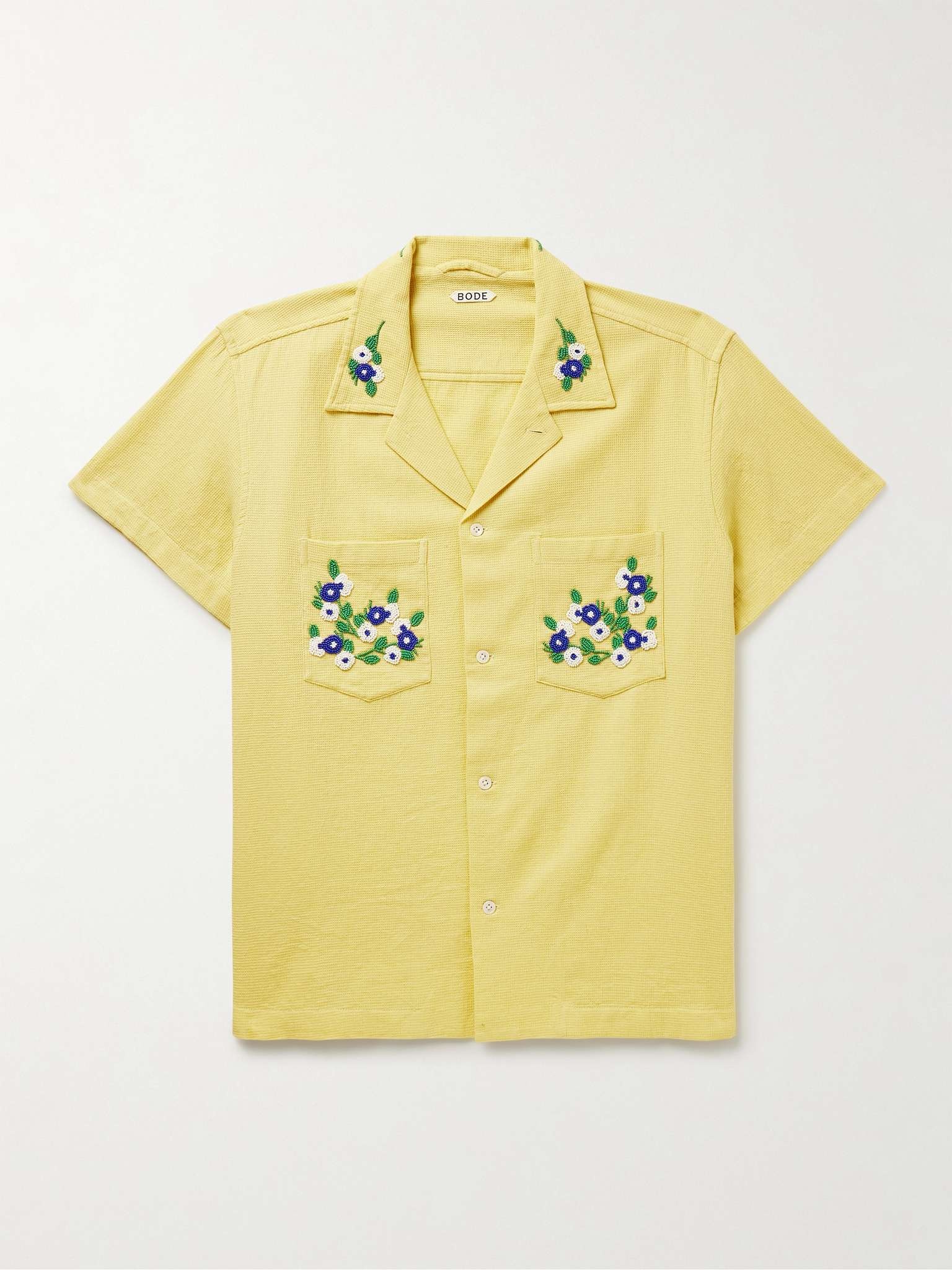 Chicory Camp-Collar Bead-Embellished Waffle-Knit Cotton Shirt - 1