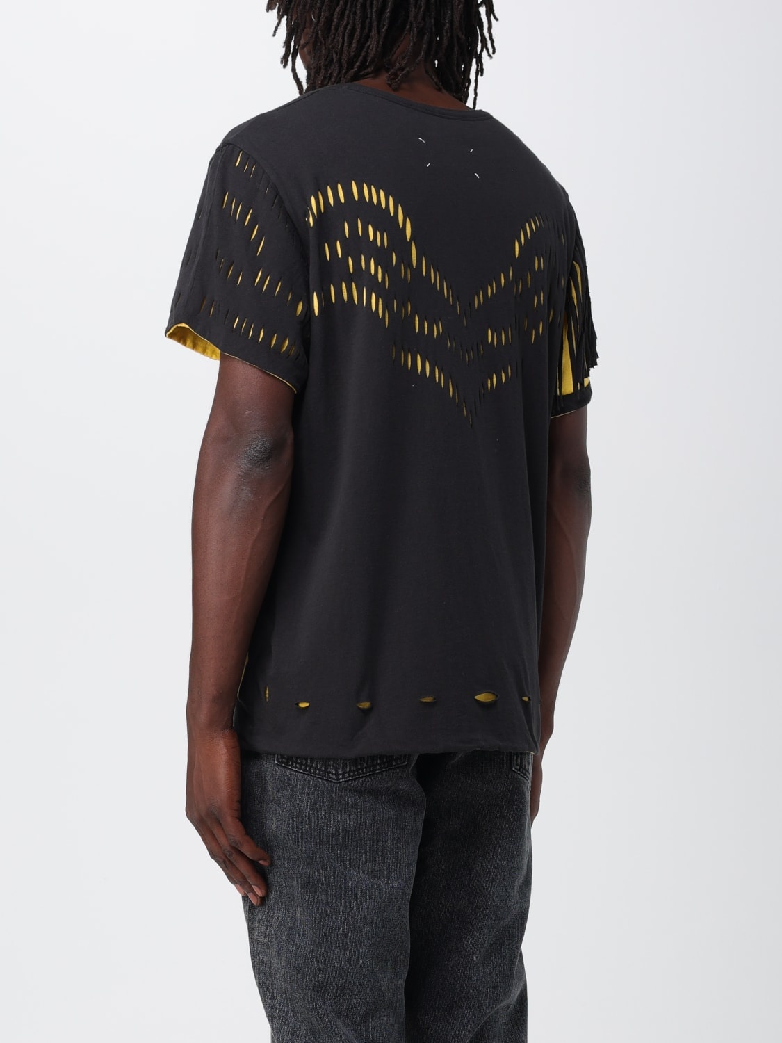 トップス MAISON MARTIN MARGIELA FRINGE T-SHIRT Maison Margiela Black & Yellow Décortiqué Fringe T-Shirt