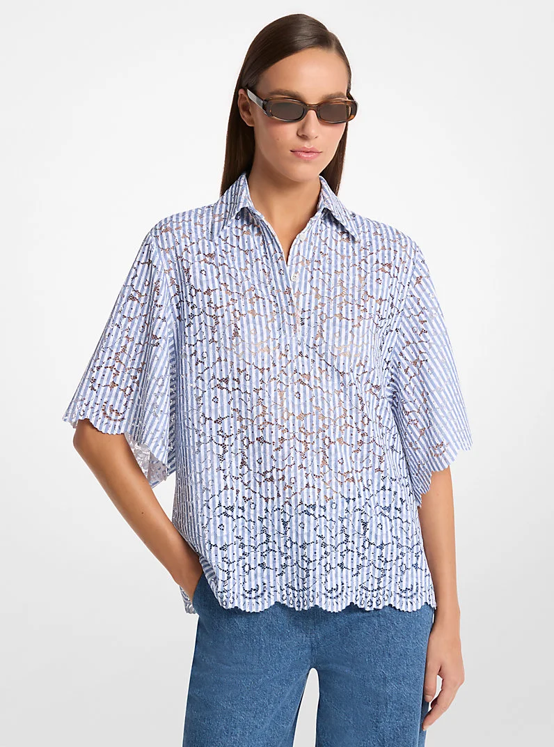 Striped Floral Lace Shirt - 1