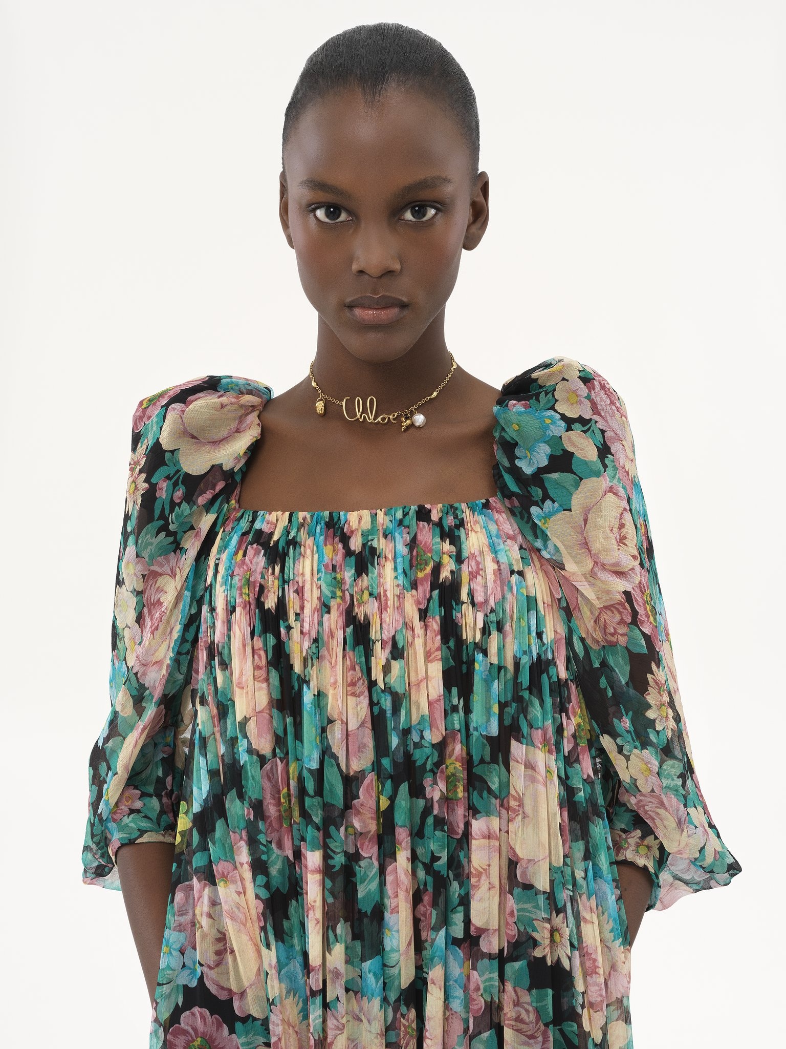 PUFF-SLEEVE LONG DRESS IN SILK MOUSSELINE - 7