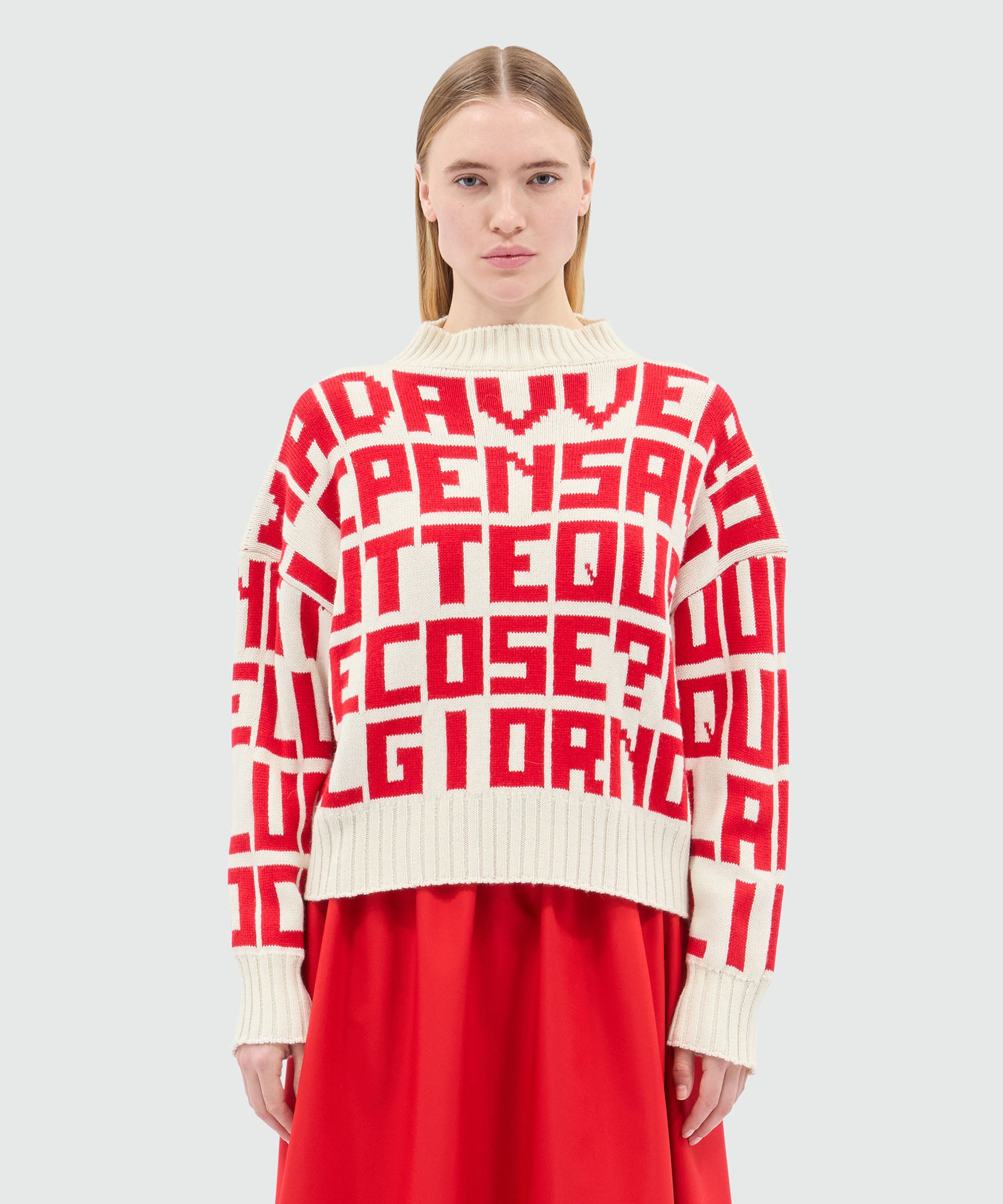 Caterina Frongia x MSGM cream sweater with red jacquard quotes - 2
