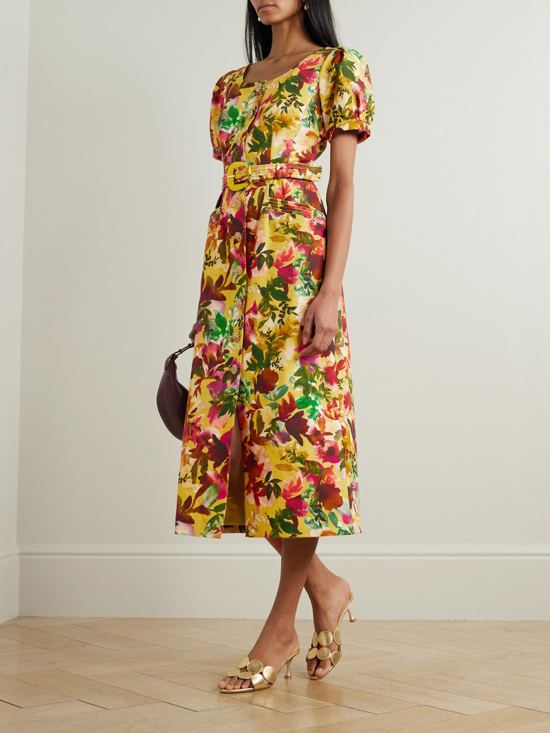 SALONI Blanca Belted Embellished Floral-print Cotton-dupioni Midi Dress outlook
