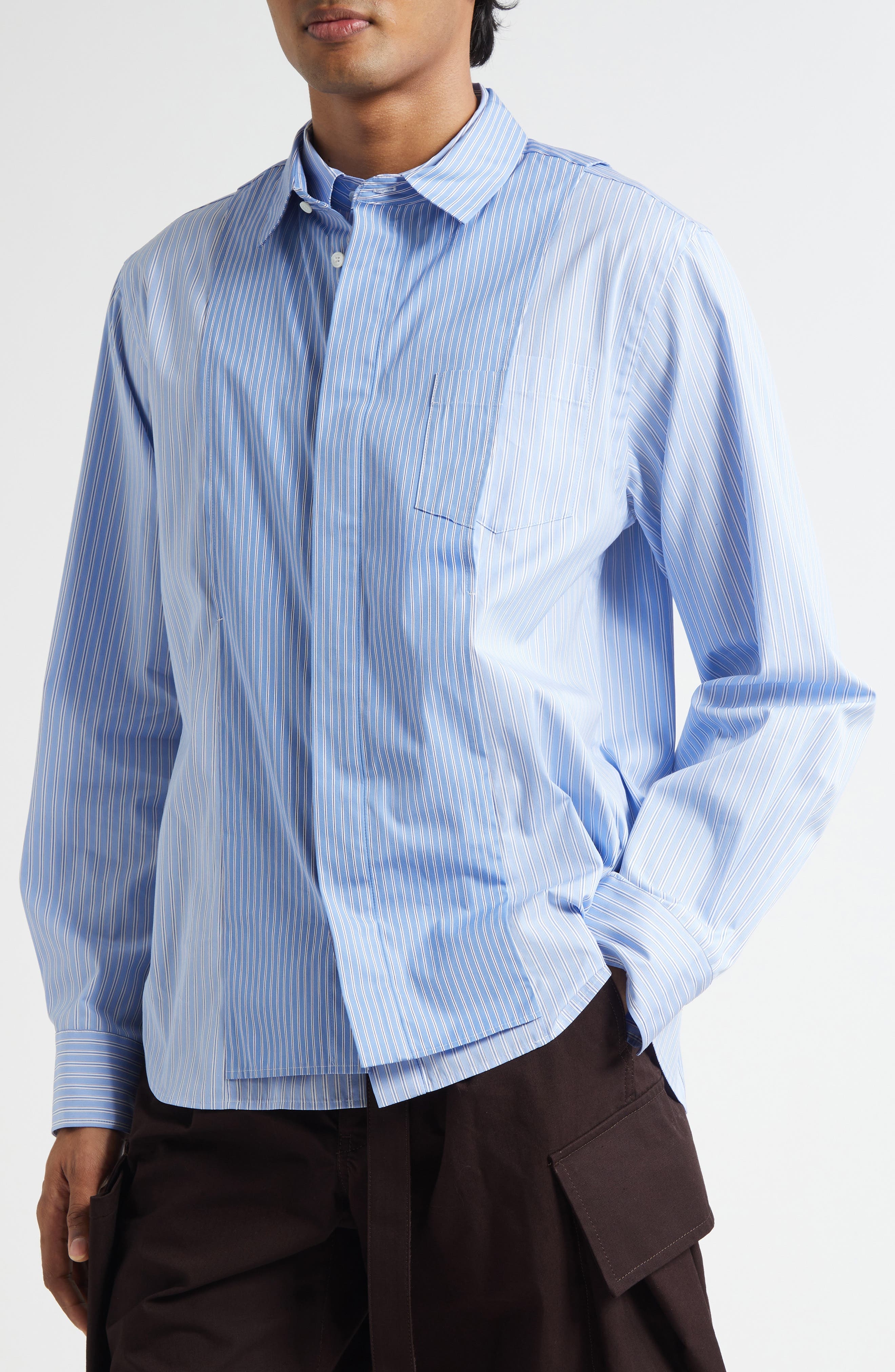 Sacai Stripe Overlay Cotton Poplin Button-Up Shirt in Stripe Mix at Nordstrom - 5